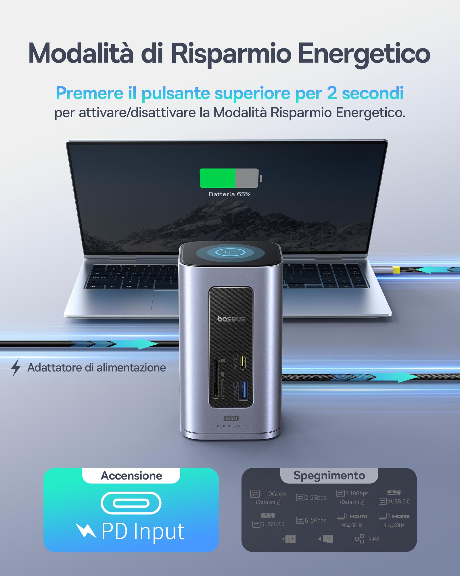 Baseus Nomos Air 12 in 1 Docking Station 2 Monitor per Windows, con 4K HDMI, 10Gbps USB-C/A, SD/TF, 100W PD, Gigabit Ethernet, Compatibile con Laptop HP/Lenovo/Dell/Acer