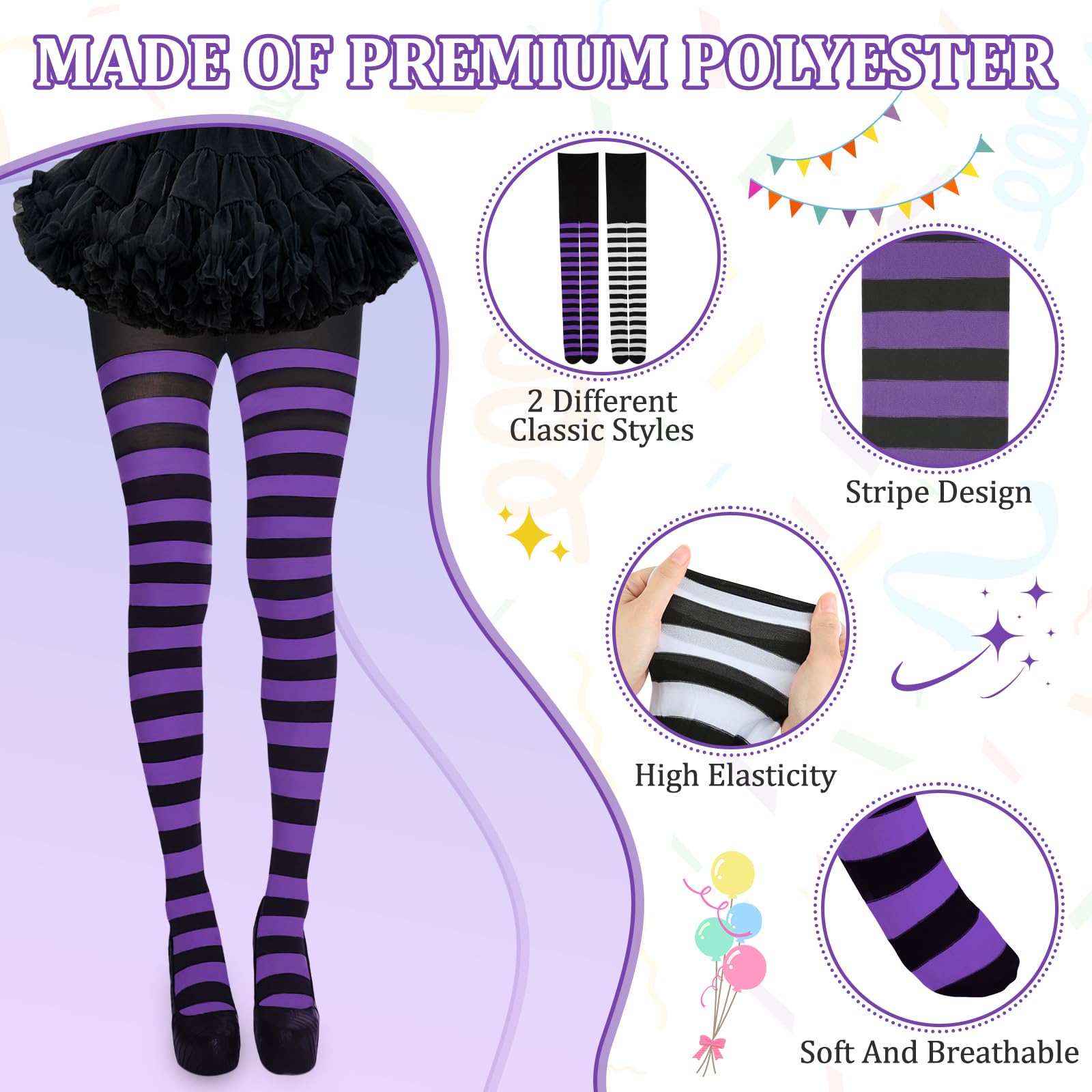FAMCUCHE 2 works Striped Tights, Black and Purple, Black and White Striped Tights - Image 3