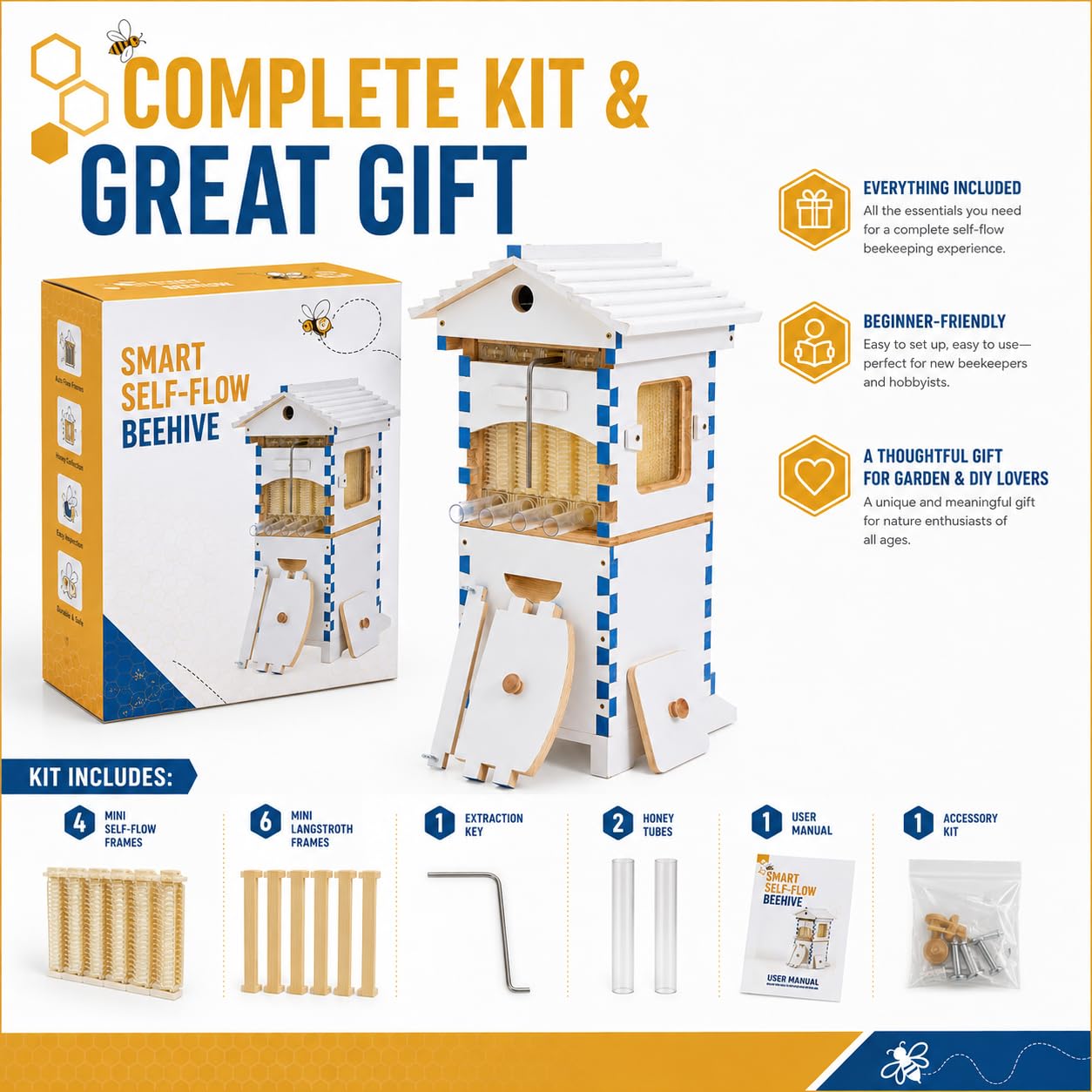 Set Iniziale per Apicoltura con Arnia A Flusso Automatico, Robusta Arnia Completa con Telaio E Finestra di Osservazione, per Giardini, Impollinatori E Apicoltori Principianti