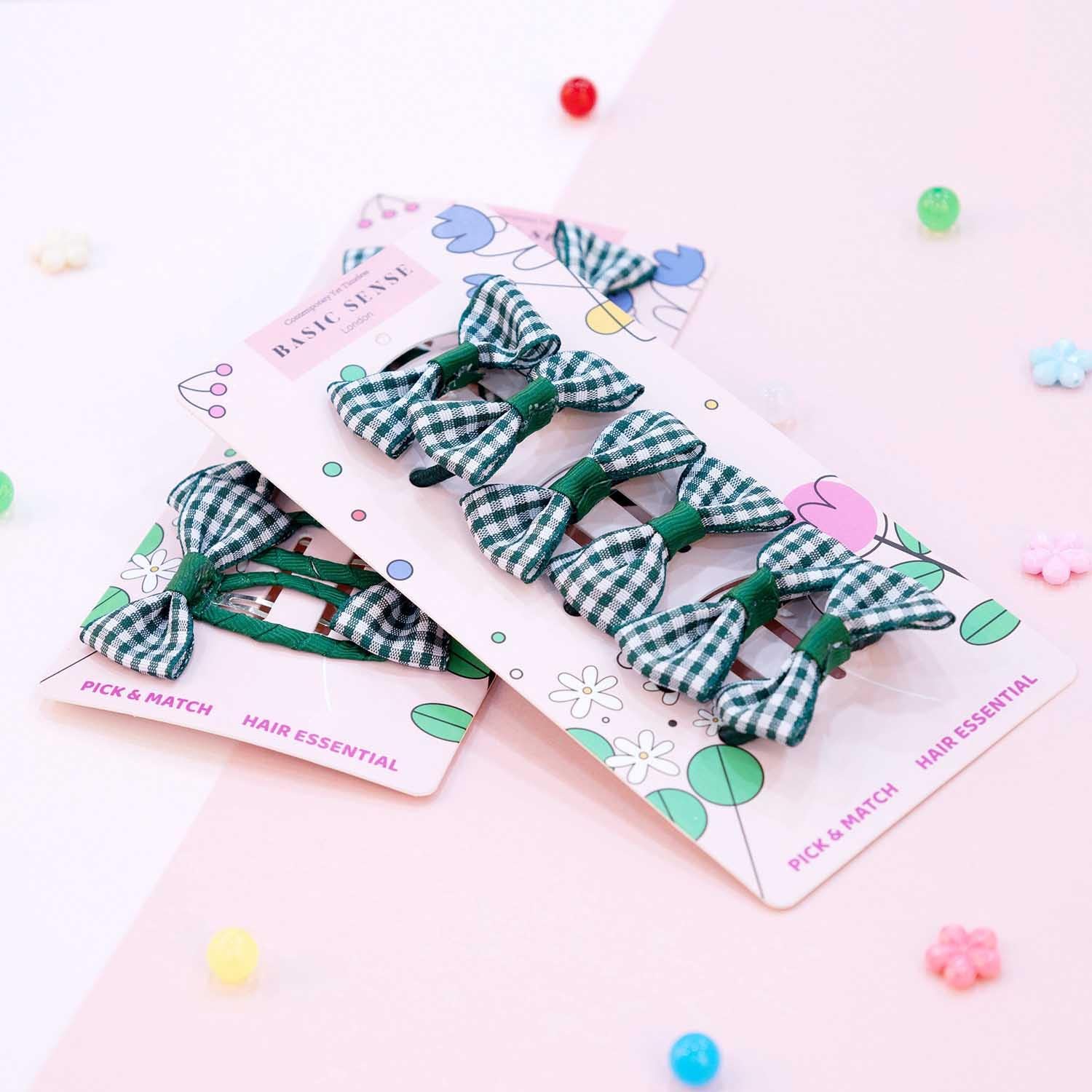 Basic Sense 12pcs Gingham Check Bow School Hair Set, Ribbon Snap Clips & Hair Elastics Ties for Girls School Uniform Dark Green - Image 4