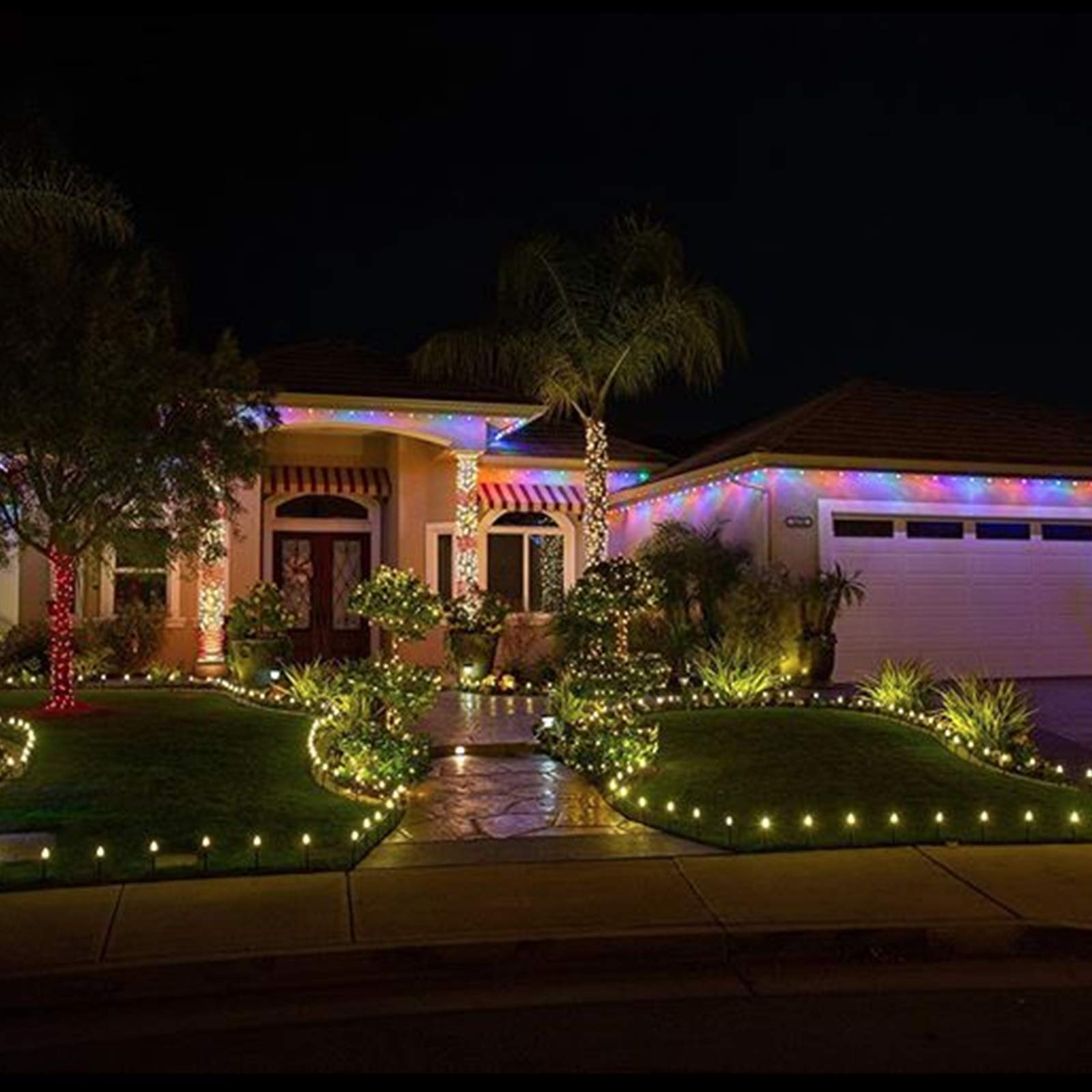 Tira de luces LED estilo sendero de Navidad para exteriores; tira de 20 luces LED C9 de 25.7 pies con 20 estacas conectables y a prueba de agua para interiores, fiestas de Navidad y decoración comercial; luz cálida color blanco 8