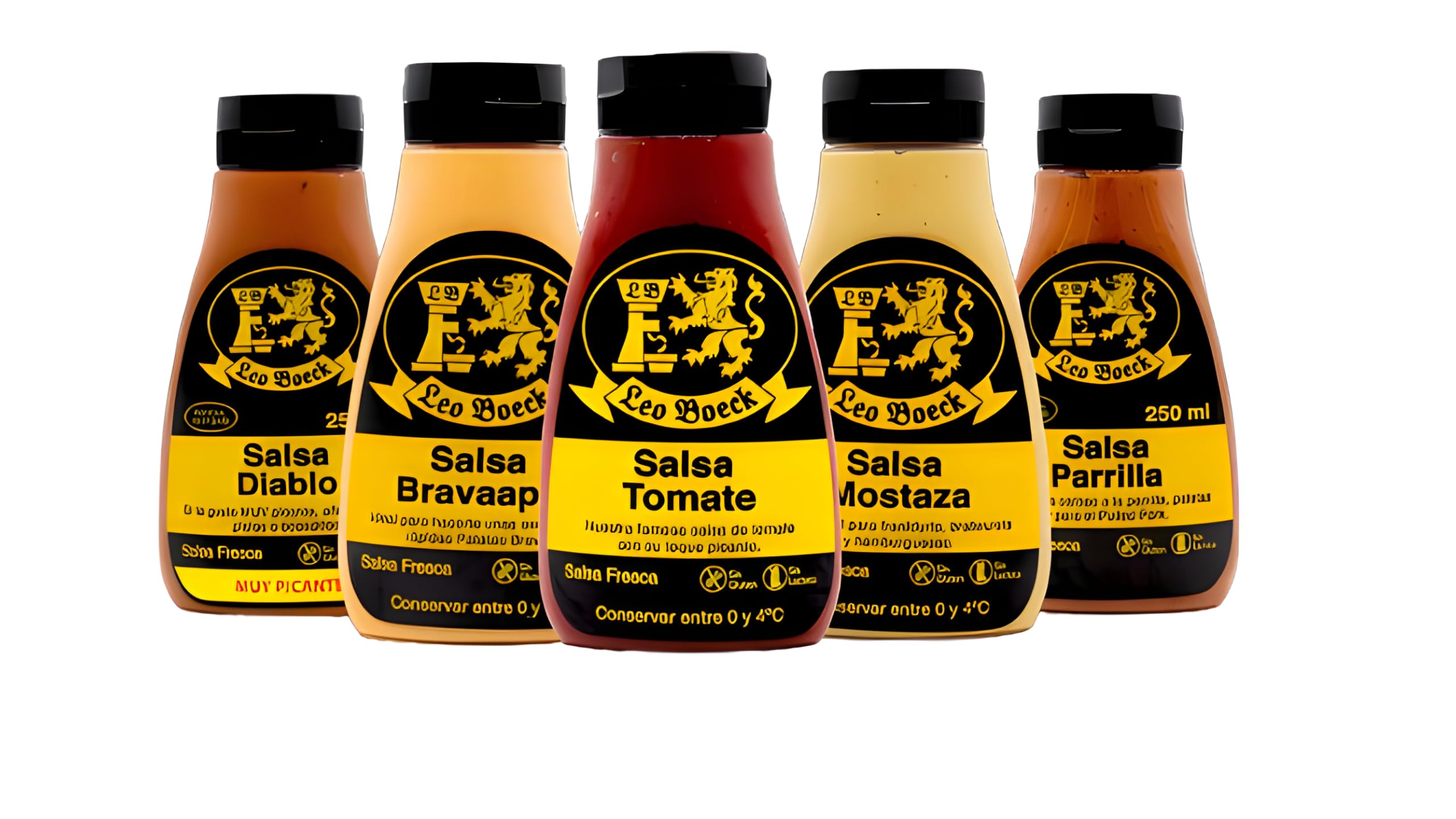 Salsa Leo Boeck -pack de 5 botes 250 ml de Salsa deTOMATE, MOSTAZA, BRAVA, PARRILLA, DIABLO.