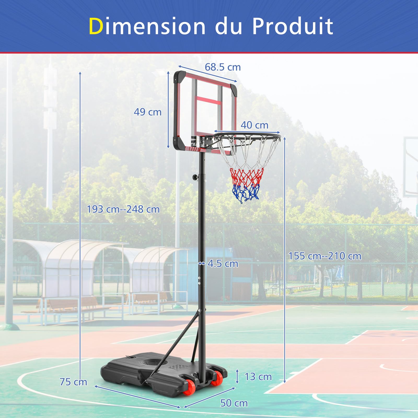 GYMAX Panier Basket Extérieur pour Enfant, Hauteur Réglable 155-210 CM, Base Stable Remplissable, Déplacement Facile avec Roues Lisses