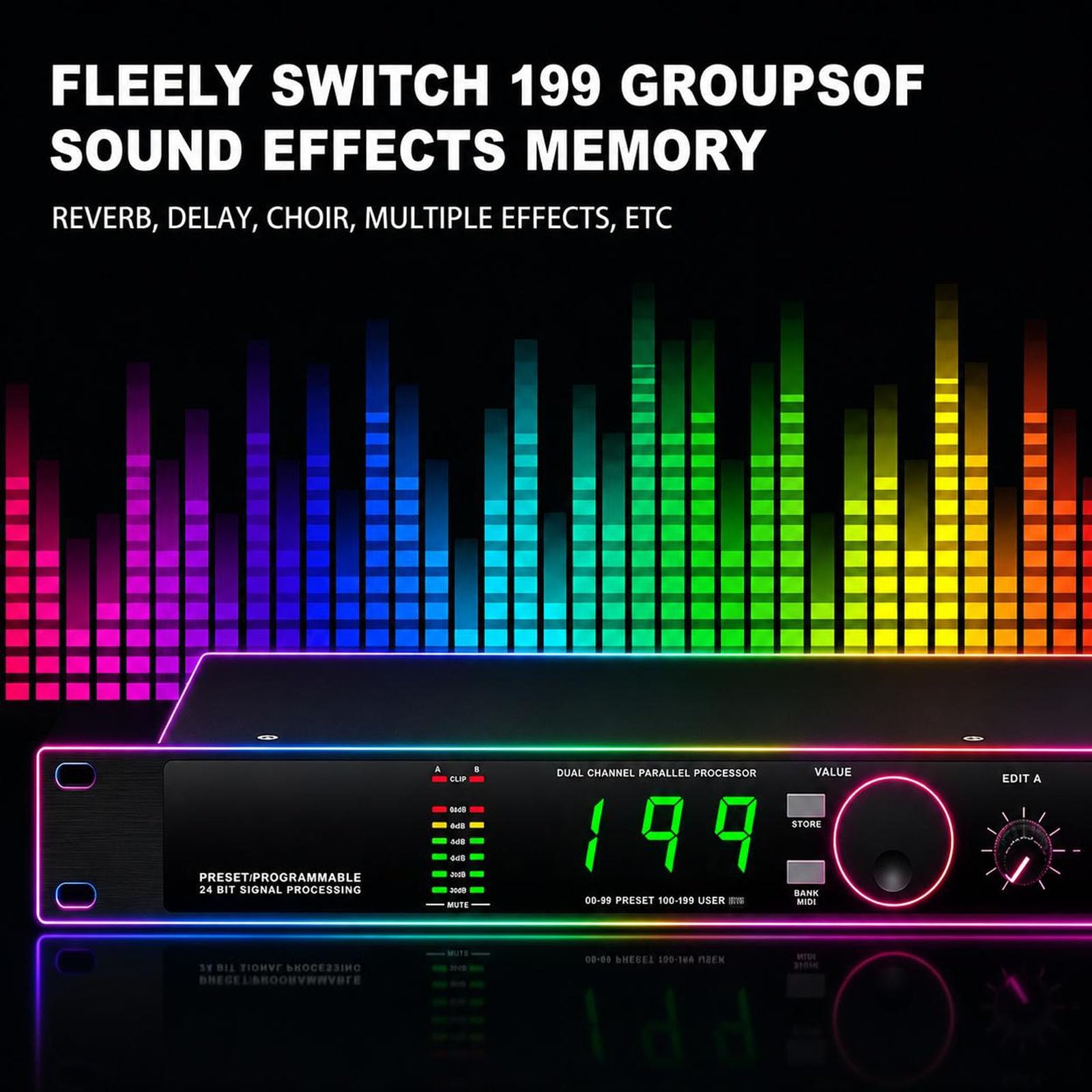 JOSBY Procesador De Audio Digital, Conmutación Libre De 199 Memorias De Efectos De Sonido, Retardos Y Múltiples Efectos, con Carcasa Metálica Y 99 Programas Preestablecidos