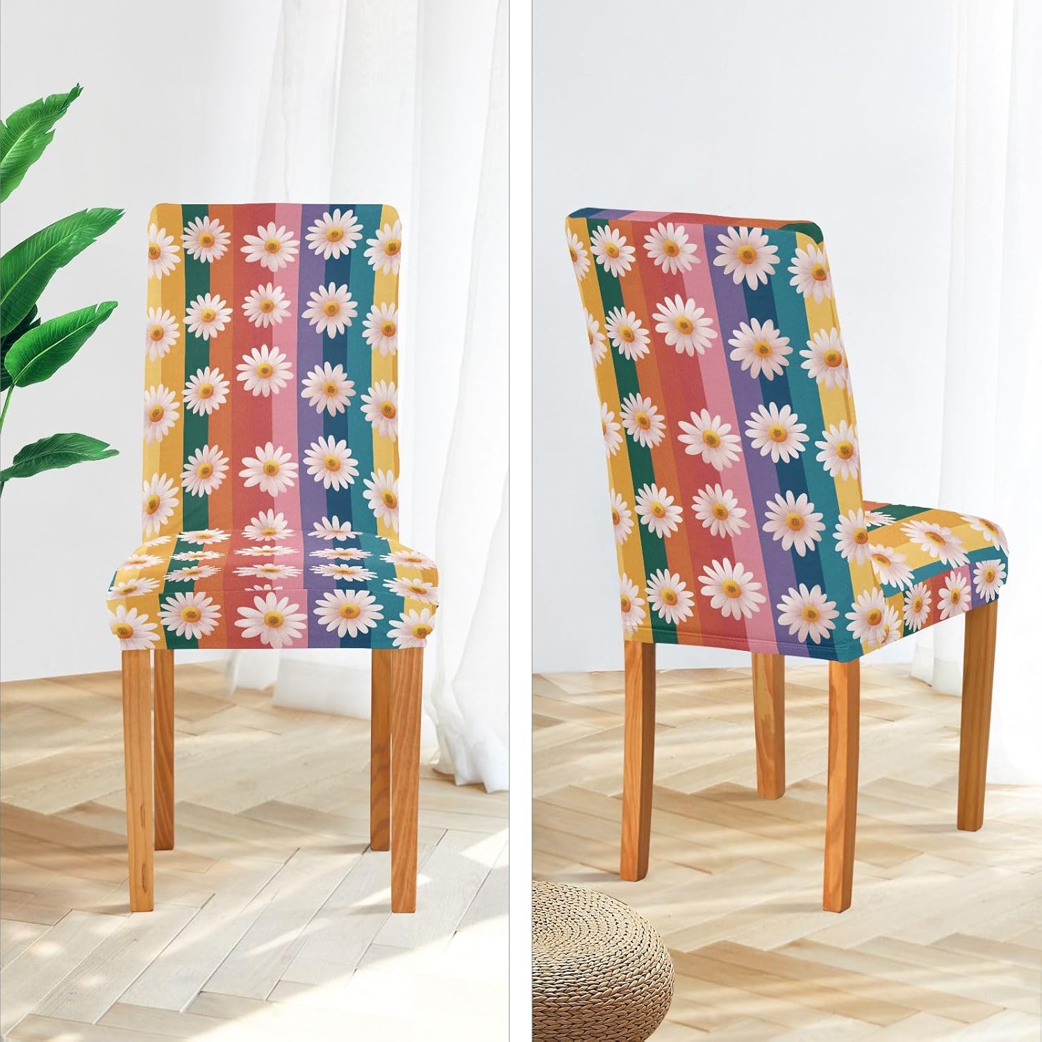 ALAZA Chair Covers for Dining Room, White Daisy on Colorful Rainbow Theme Stretch Chair Cover Sets Chair Protector Removable Washable for Ktichen Restaurant Hotel
