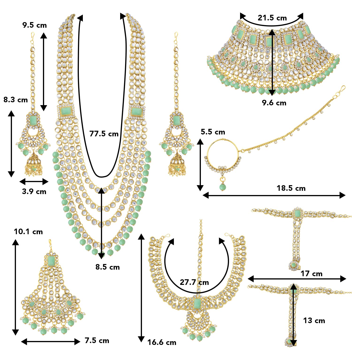 Peora Ethnic Indian Traditional Gold Plated Kundan Dulhan Bridal Jewellery Set with Choker Earrings Maang Tikka Hathphool for Women (Mint) 3
