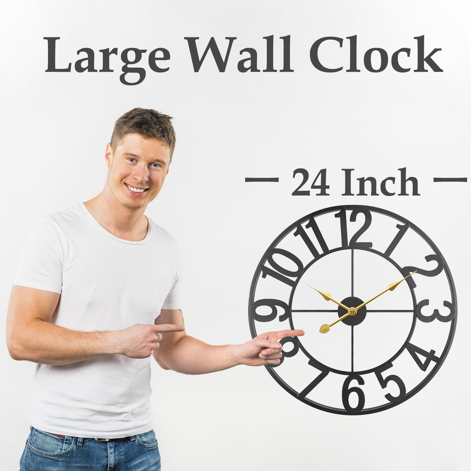 Grande horloge murale d'extérieur silencieuse en métal noir de 61 cm sans tic-tac alimentée par piles, convient pour la décoration de terrasses, porches, piscines, salons et salles à manger
