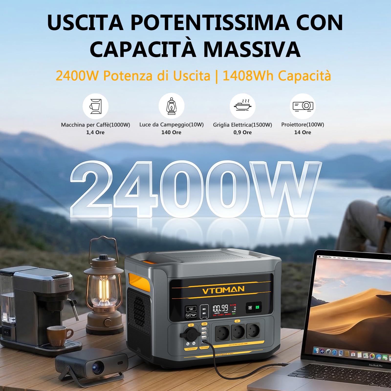VTOMAN FlashSpeed 2400 - Stazione di alimentazione portatile con cavo di avviamento, 2400 W CA (picco di 3200 W), batteria LiFePO₄ da 1408 Wh, espandibile fino a 2688 Wh, ricarica rapida in 1 ora