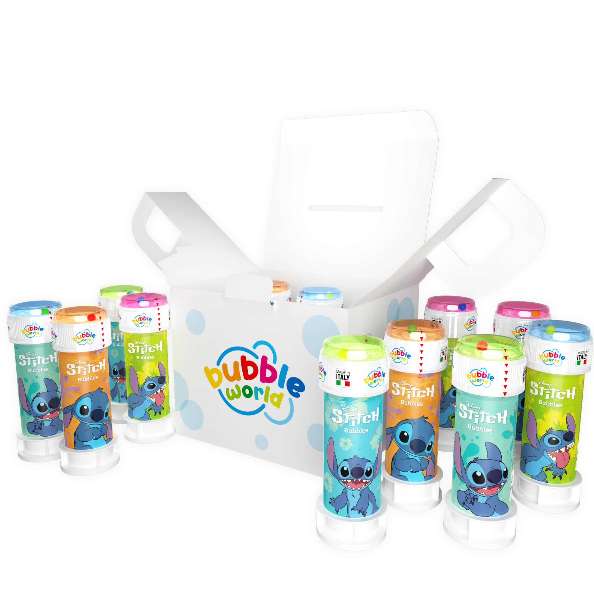 Bubble World - Stitch Soap Bubbles - Children's Soap Bubbles - Ideal as a Children's Birthday Gadget - White Tubes with Integrated Red Blower - Pack of 12 60 ml - Made in Italy