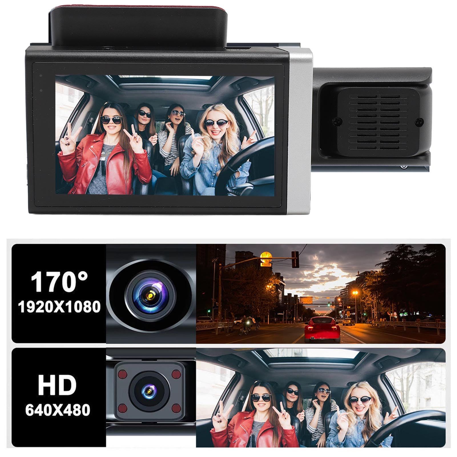 Cocoarm Dash Cam a 3 1080P Tripla Fotocamera con Visione Notturna | Custodia in ABS, Copertura Grandangolare Anteriore/posteriore/interna, Rilevamento del Movimento, Blocco di Emergenza