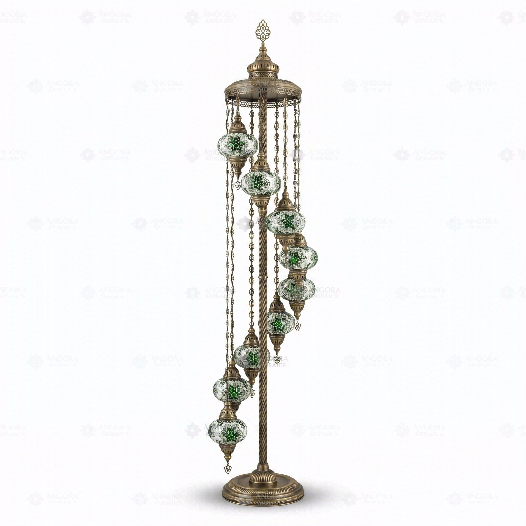 ENVA Lampada da terra verde a 9 globi - Lampada a mosaico turco - Motivo stella smeraldo - Lampada da terra bohémien marocchina, finitura in ottone anticato