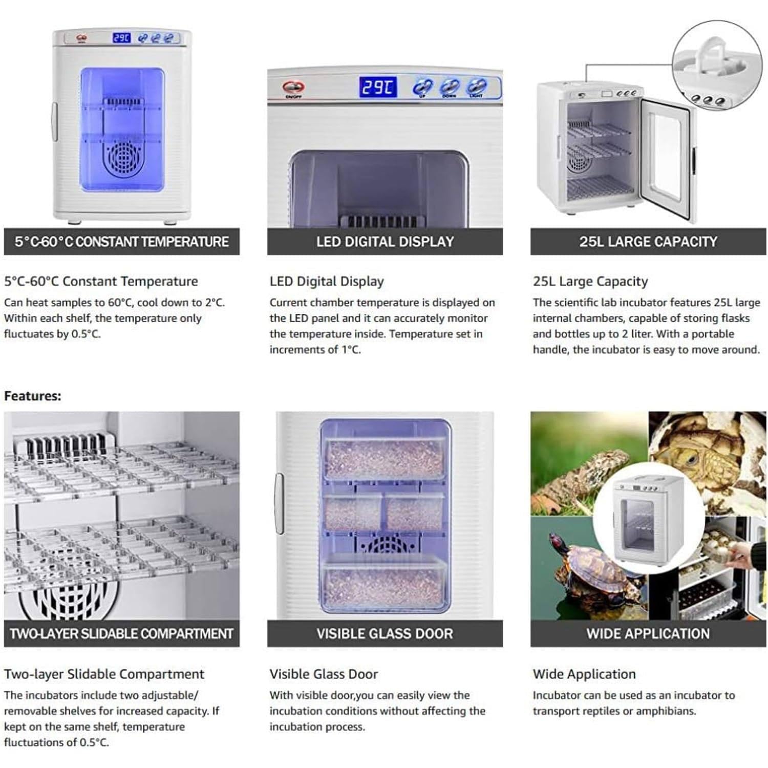 Incubatore per rettili da 25 Litri, incubatore Portatile da Laboratorio scientifico, LED Digitale e Illuminazione, per Piccoli rettili Camaleonte Lucertola Tartaruga
