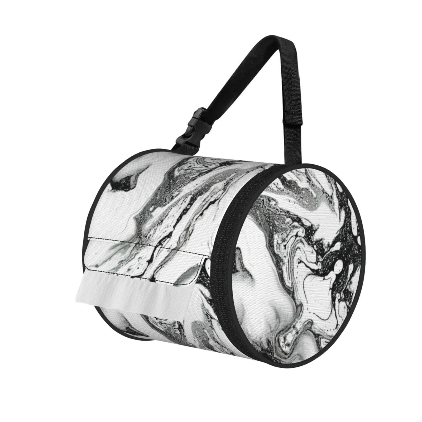 Jiuty Black And White Marble Print Cylinder Tissue Organizer Bag With Strap, Portable Toilet Roll Holder For Camping Car