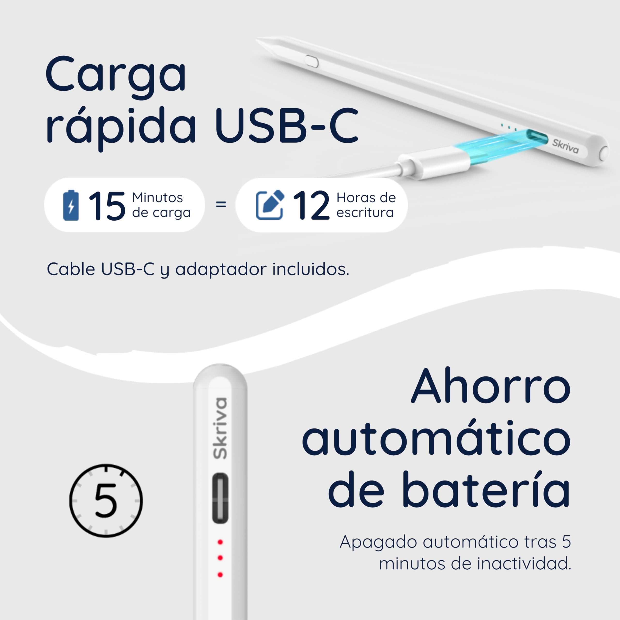 Lápiz táctil Skriva para iPad (2018+) con botón de Acceso rápido, inclinación y rechazo de Palma, fijación magnética, Carga USB-C rápida, indicador batería, Funda y Puntas