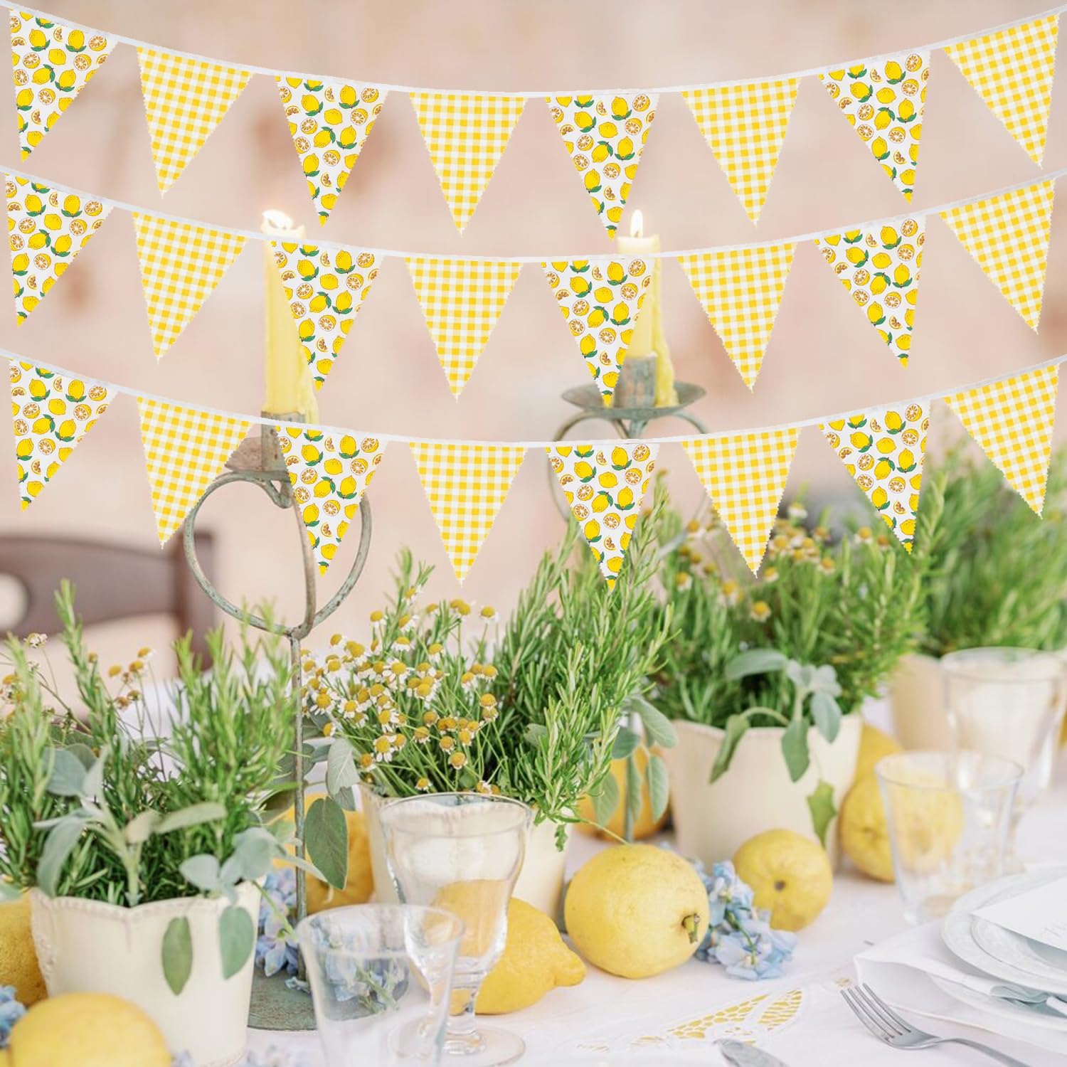 32Ft Lemon Pennant Banners Fabric Yellow Plaid Lemon Triangle Flag Bunting Garland Streamers Summer Lemonade Decor for Wedding Birthday Bridal Shower Bachelorette Baby Shower Party Decorations - Image 6