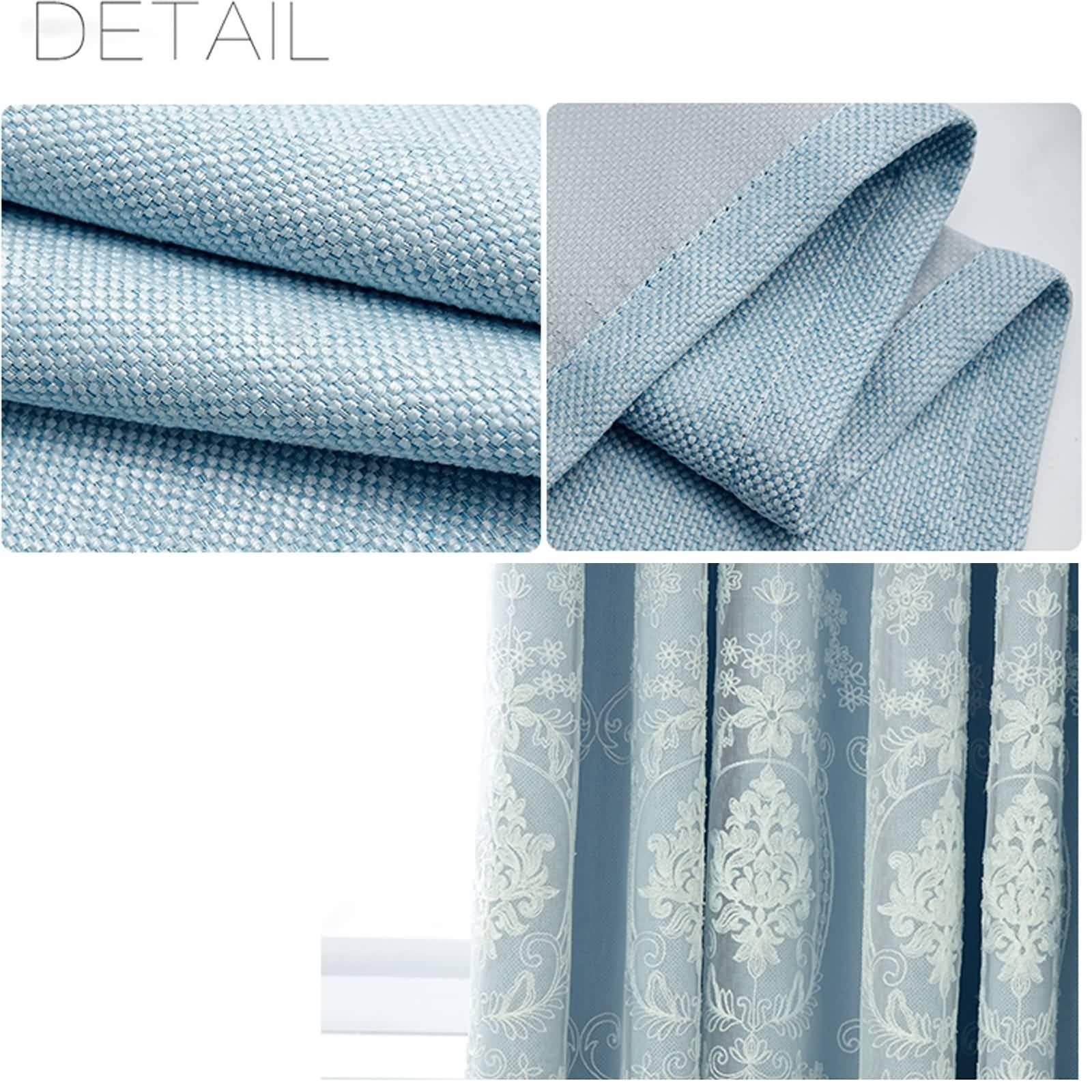 Rideau Bleu Anniversaire, Rideau Salon Tissu Uni et Voile À Broderies Florales Lin et Fil Occultant 200L x 270H CM Lot de 2