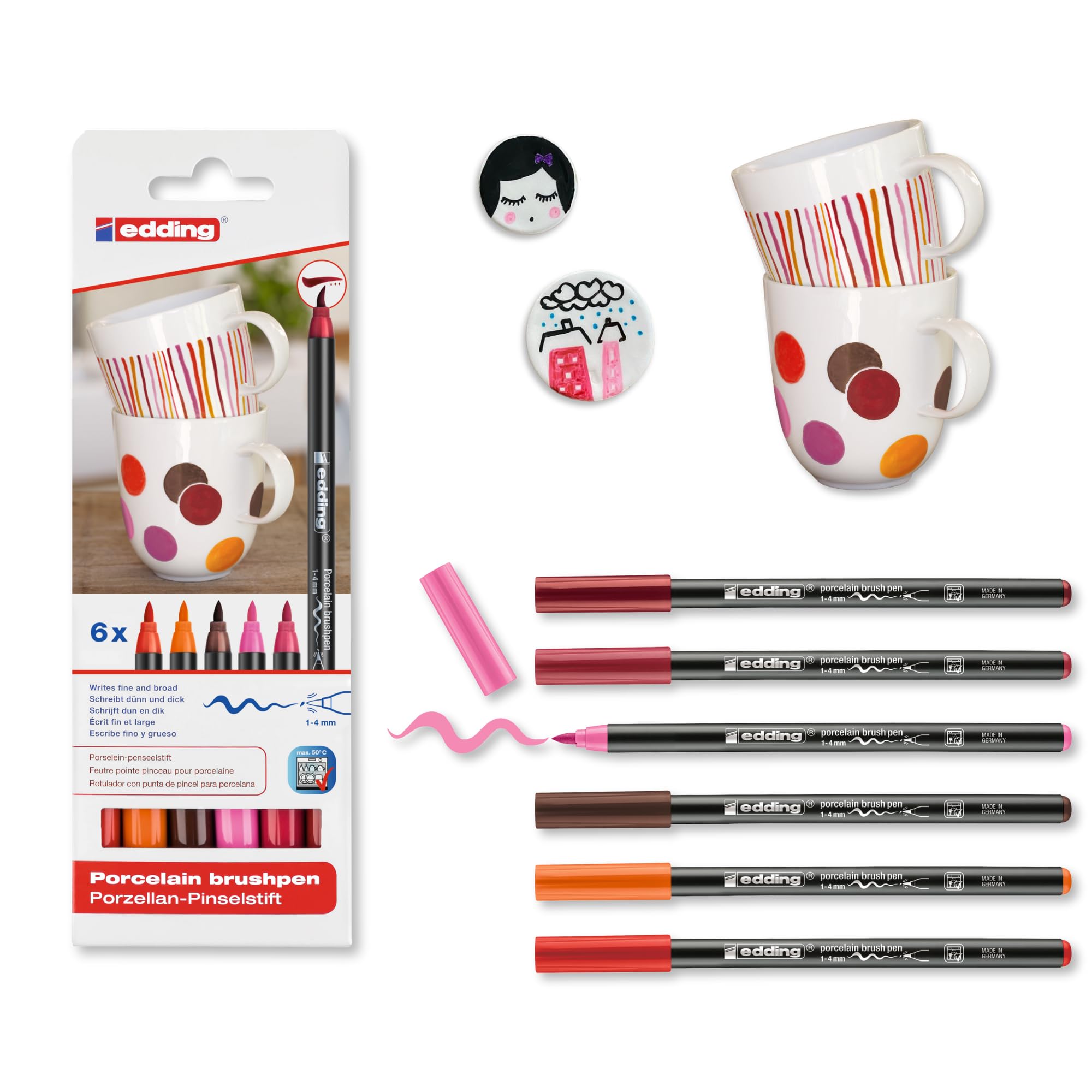 edding 4200 porcelain brush pen - 3x red, orange, brown, pink - 6 pens - brush nib 1-4 mm - felt-nib pen for painting and decorating ceramics, porcelain - dishwasher-safe, lightfast ink, quick-drying
