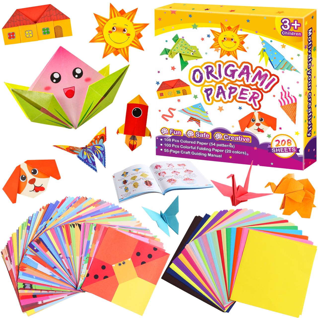 Pigipigi Kids Craft Origami Paper Kit for Kids Ages 5-8 8-12, with Guiding Book, 208 Sheets DIY Art and Crafts Supplies, Colorful Folding Papers Set Projects Gifts Activity for Boy Girl Toys(Cartoon)