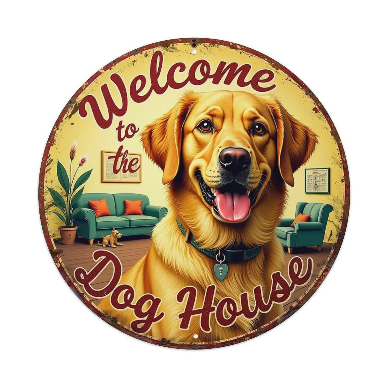 Welcome To The Dog House Vintage Round Tin Sign Retro Metal Wall Decor Metal Poster, Home Bar Garage Cafe Wall Art Decoration 8x8Inches