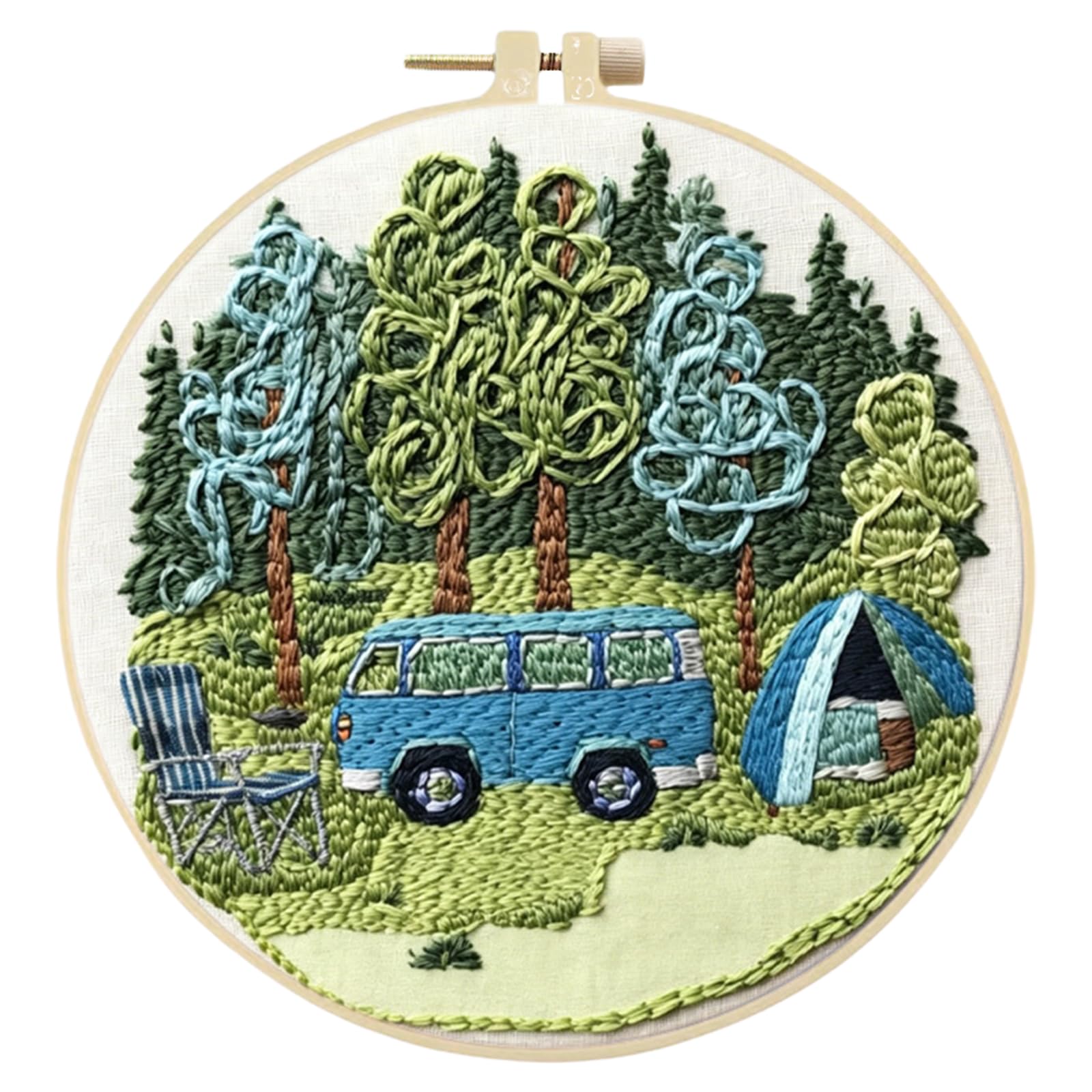 PoetryDraw Wild Camping DIY Stamped Embroidery Stitches Practice Kit with Bamboo Hoop Cotton Fabric Embroidery Kit 30x30cm Complete Needlework Craft Kit for Beginners Adults Craft Lover (Wild Camping)
