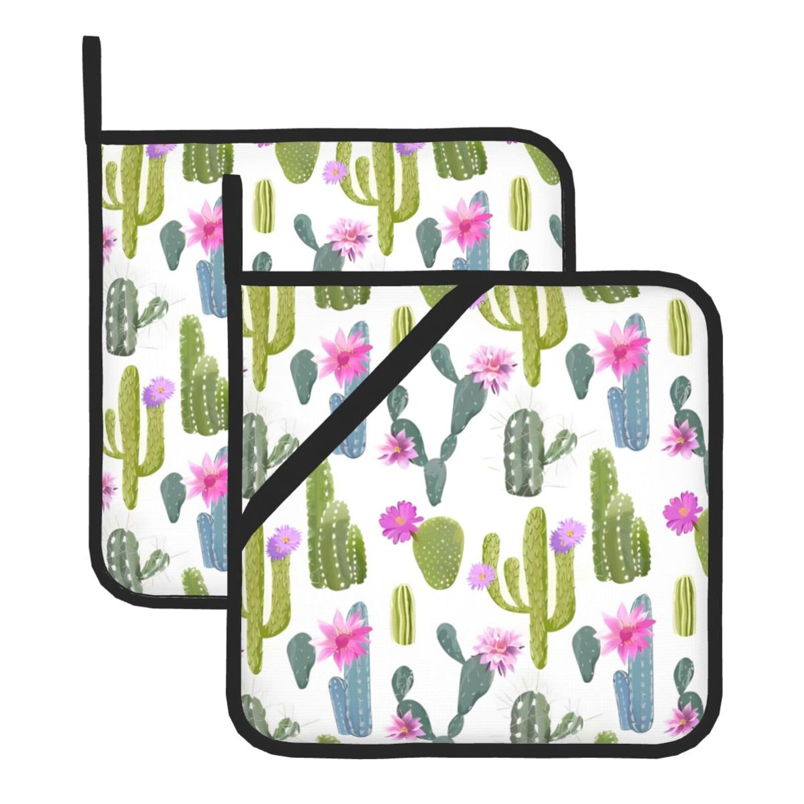 WHJSSF Blooming Cactus Prints Square Hot Pads for Kitchen Counter - Waterproof Trivets with Hanging Loop, Thick Pot Covers for Serving, Oven & BBQ - Set of 2 (1 with Pocket)