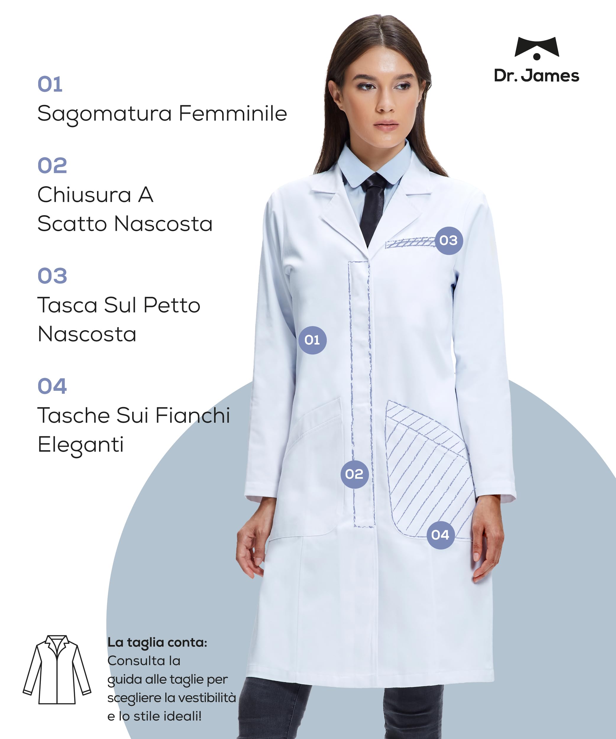 Dr. James Camice da Laboratorio Premium Donna, Vestibilità Classica, Chiusura con Bottoni a Pressione a Scomparsa, Multitasche, Lunghezza 94 cm, Tessuto Certificato OEKO-TEX