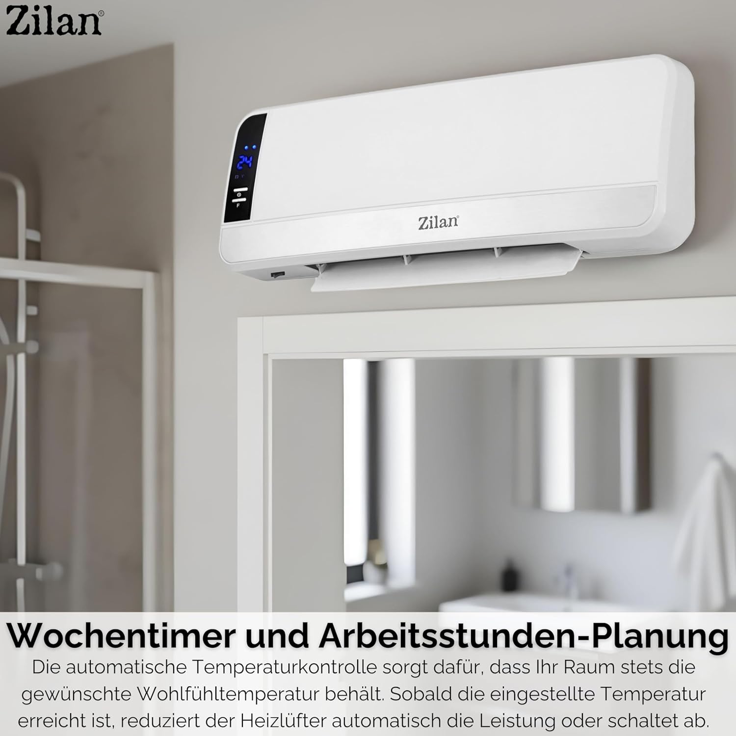 Zilan Ceramic Wall Heater mounted in a bathroom, demonstrating its weekly timer and scheduling features.