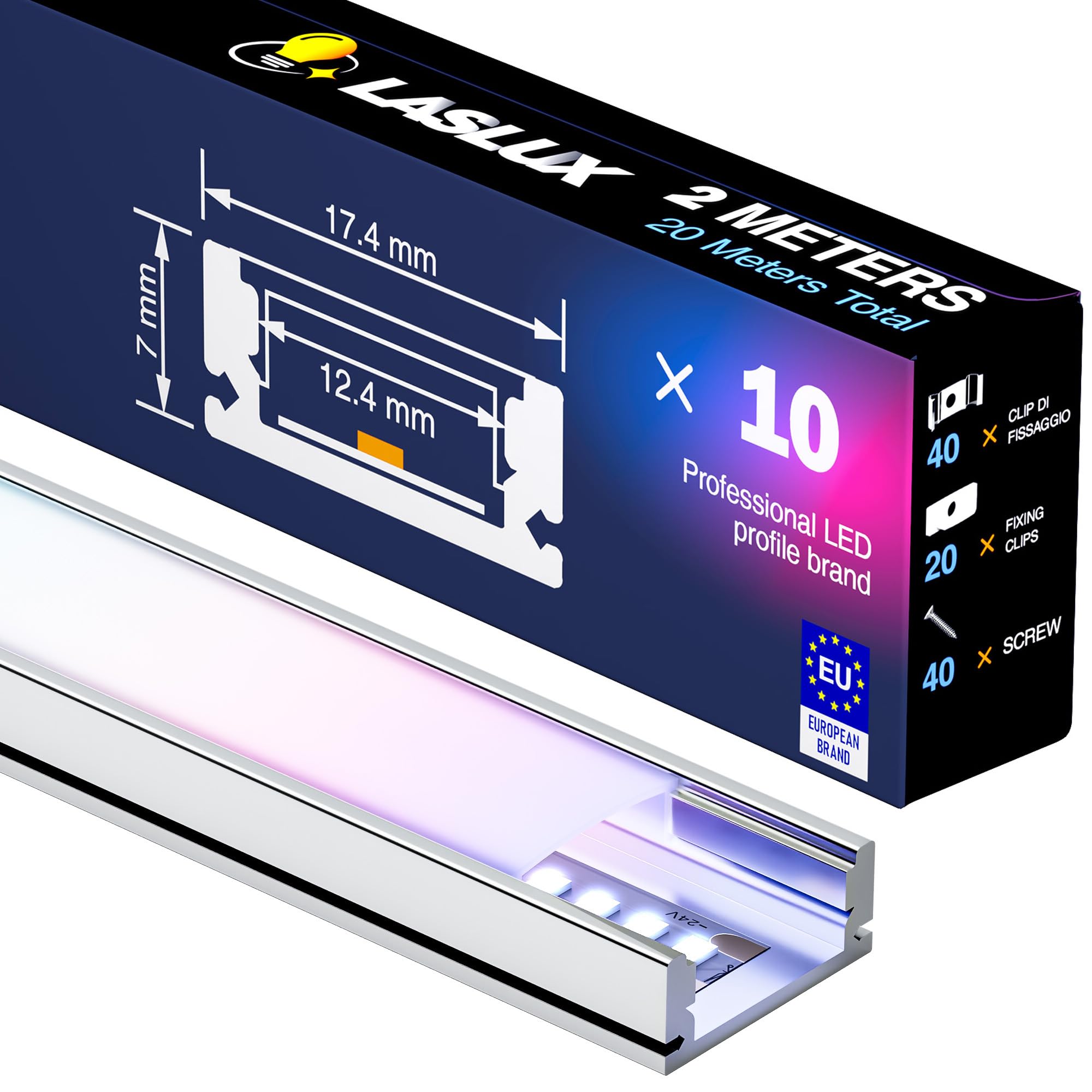 Profil LED 2 m x 10 – szyna aluminiowa 17,4 x 7 mm do taśm LED do 12 mm – aluminiowy profil w kształcie litery U z pokrywą dyfuzora – profil aluminiowy 2 m