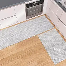 Jogo Tapete Cozinha 2 peças Passadeira Emborrachada 1,30m x 45cm Capacho Antiderrapante 65cm x 45cm Decoração Chevron Rústico Cinza Artesanal 100% Algodão
