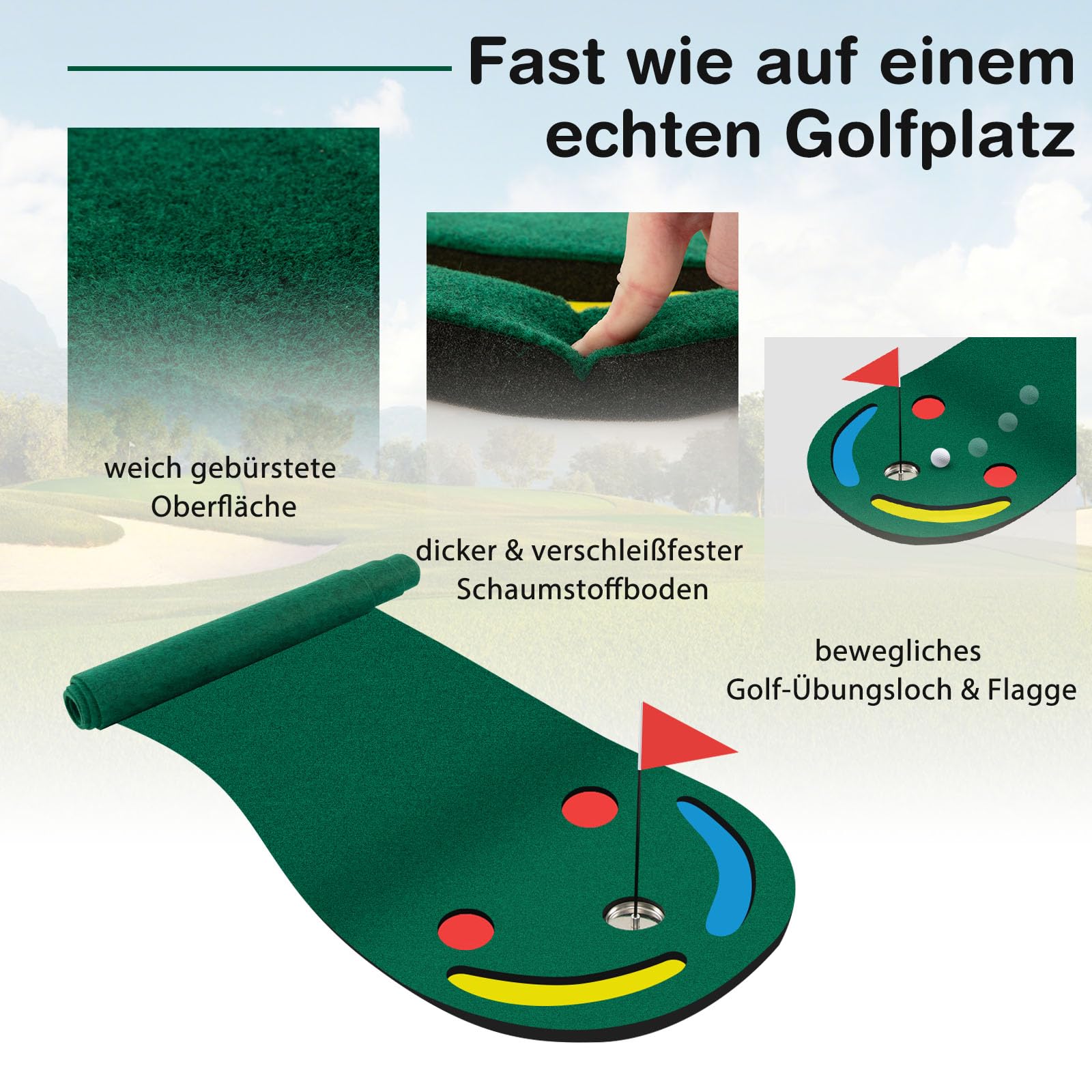 GYMAX Golf-Puttingmatte 300 x 96 cm, Golf Übungsmatte mit 3 Löchern, Trainingshilfebecher & Flagge, tragbare Golf Trainingsmatte mit Golfloch-Abdeckungen, Golfmatte für drinnen & draußen