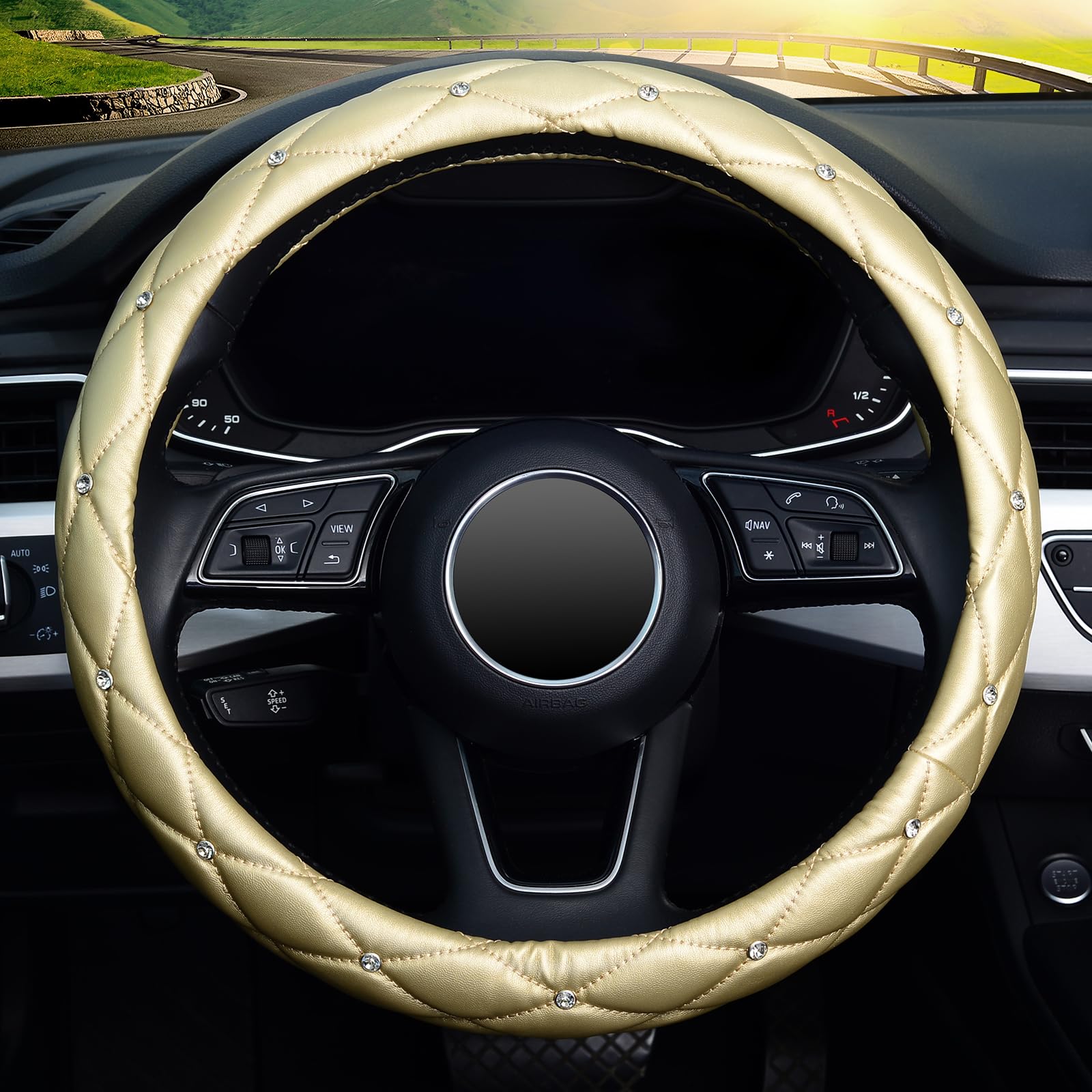 KAFEEK Diamond Soft Leather Steering Wheel Cover with Bling Bling Crystal Rhinestones, Universal 15 inch, Gold