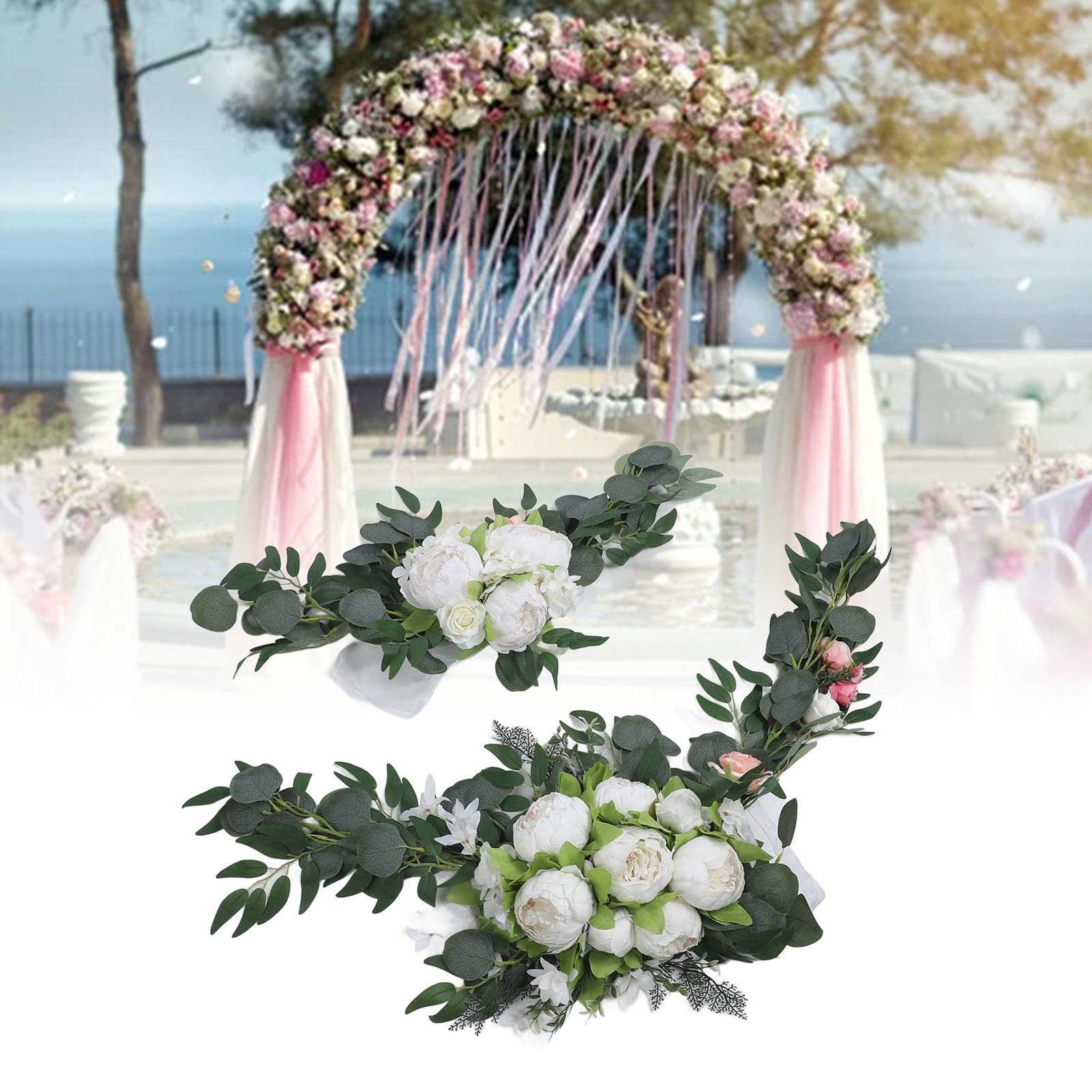 flexman 2 Stück Künstliche Hochzeitsbogen Blumen, Hochzeitsbogen Blumen, Willkommensschilder, Blumendekoration für Hochzeit Im Freien, Strandhochzeit, Gartenhochzeit (Weiß)