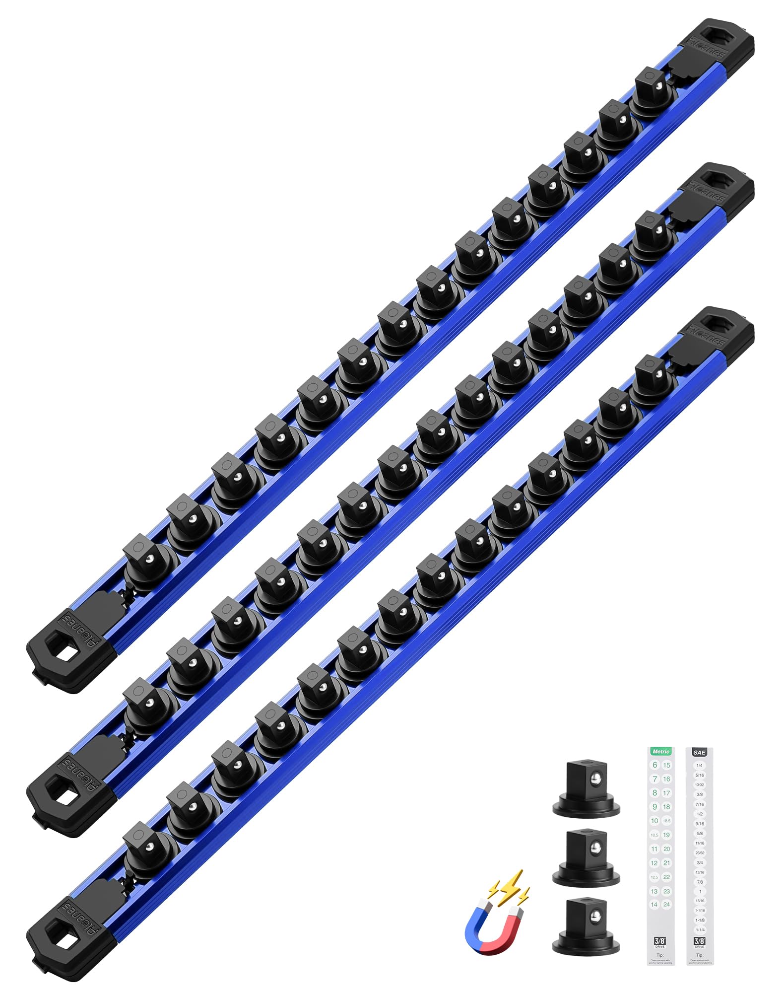 ALOANES Magnetic Socket Organizer, 3/8" Rail 42 Clips (Blue, 3PC)