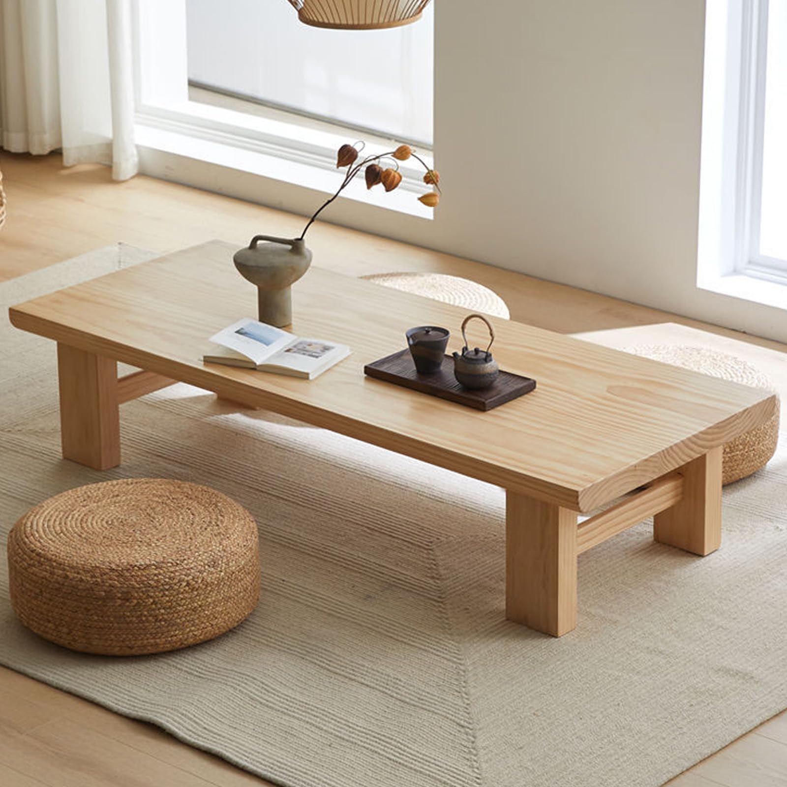 Table Basse Japonaise en Bois Massif Style Vintage Rectangulaire