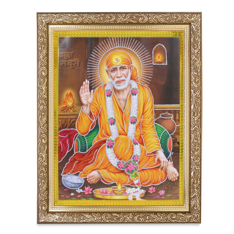 Photo de Sai Baba avec cadre doré grand format 35x45 cm pour décoration spirituelle