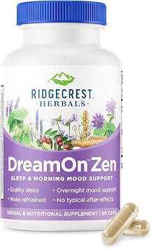 Ridgecrest Herbals DreamOn Zen, Sleep Support Supplement, Melatonin Free, Magnesium, 5-HTP, Lavender, Chamomile, Valerian, Lemon Balm for Adults and Children 12+ 60 Caps, 30 Serv