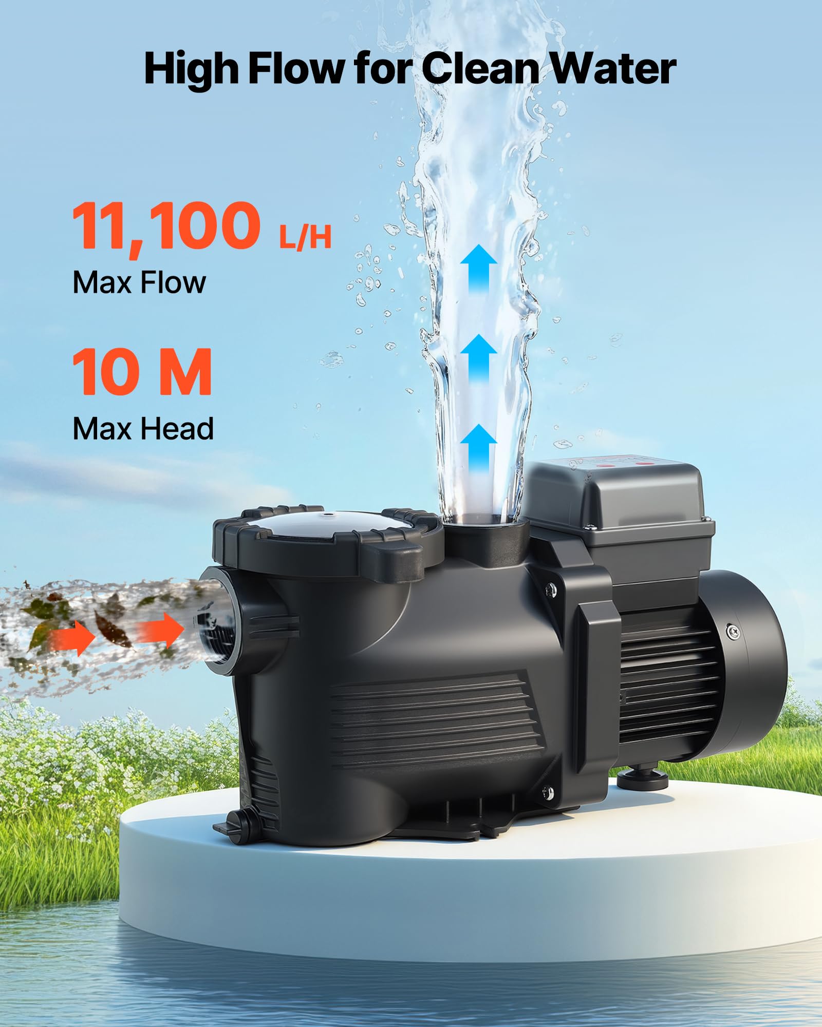 VEVOR Bomba para Piscina 400 W Caudal Máximo de 11100 L/H Bomba de Filtración para Piscina de Una Sola Velocidad, CA 220-240 V, Altura de Elevación Máxima de 10 m, con Temporizador de 24 Horas