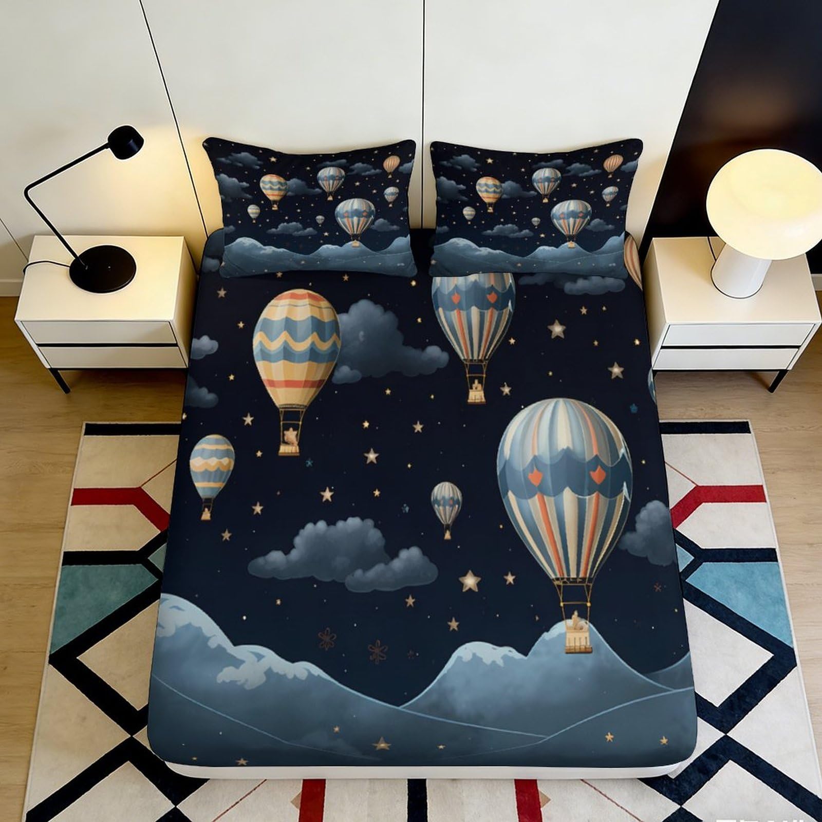 3D Printed Hot Air Balloon Fitted Sheet Microfiber Soft Breathable Night Sky Bed Cover for Bedroom Dormitory Guest Room Protection Decor 160x200x25cm