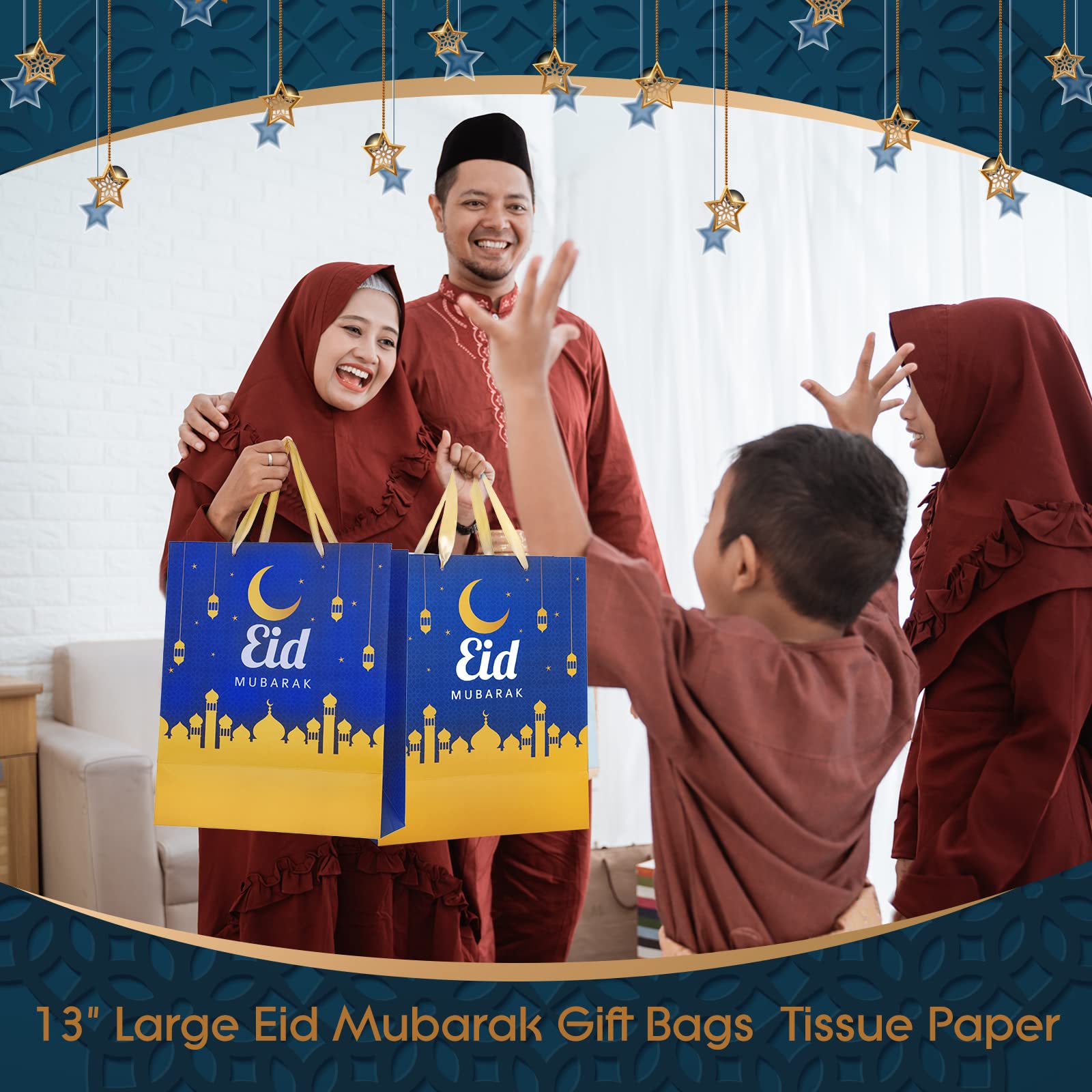 Crtiin 12 Pack Eid Mubarak Gift Bags with Handle 13" Large Paper Eid Gift Bags with Tissue Paper Eid Mubarak Bags Ramadan Gift Bags Eid Goodie Bags Muslim Ramadan Gift Bags for Eid Party Supplies