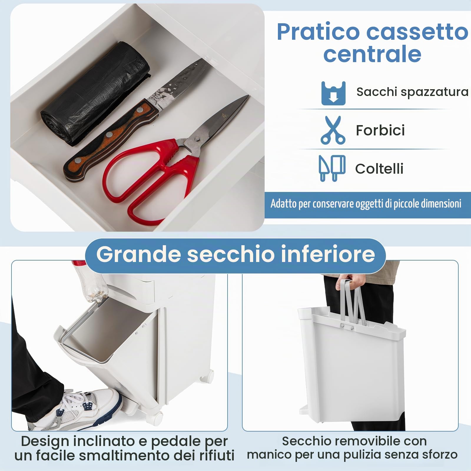 RELAX4LIFE Pattumiera con Raccolta Differenziata 32L, 3 Scomparti Interni, Cassetto e Apertura a Pedale, Maniglia, Gancio, Ideale per Uso Interno ed Esterno (BIANCO)