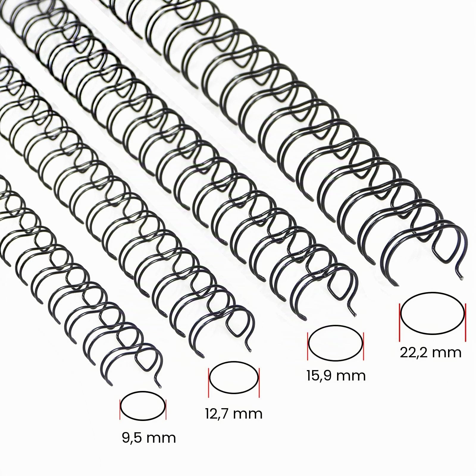 RAYSON Drahtbinderücken, 23 Schlaufen, 50-190 Blatt, 2:1 Teilung, 9,5-22,2 mm Gemischte Größe, A4, Schwarz, Packung mit 100 Stück