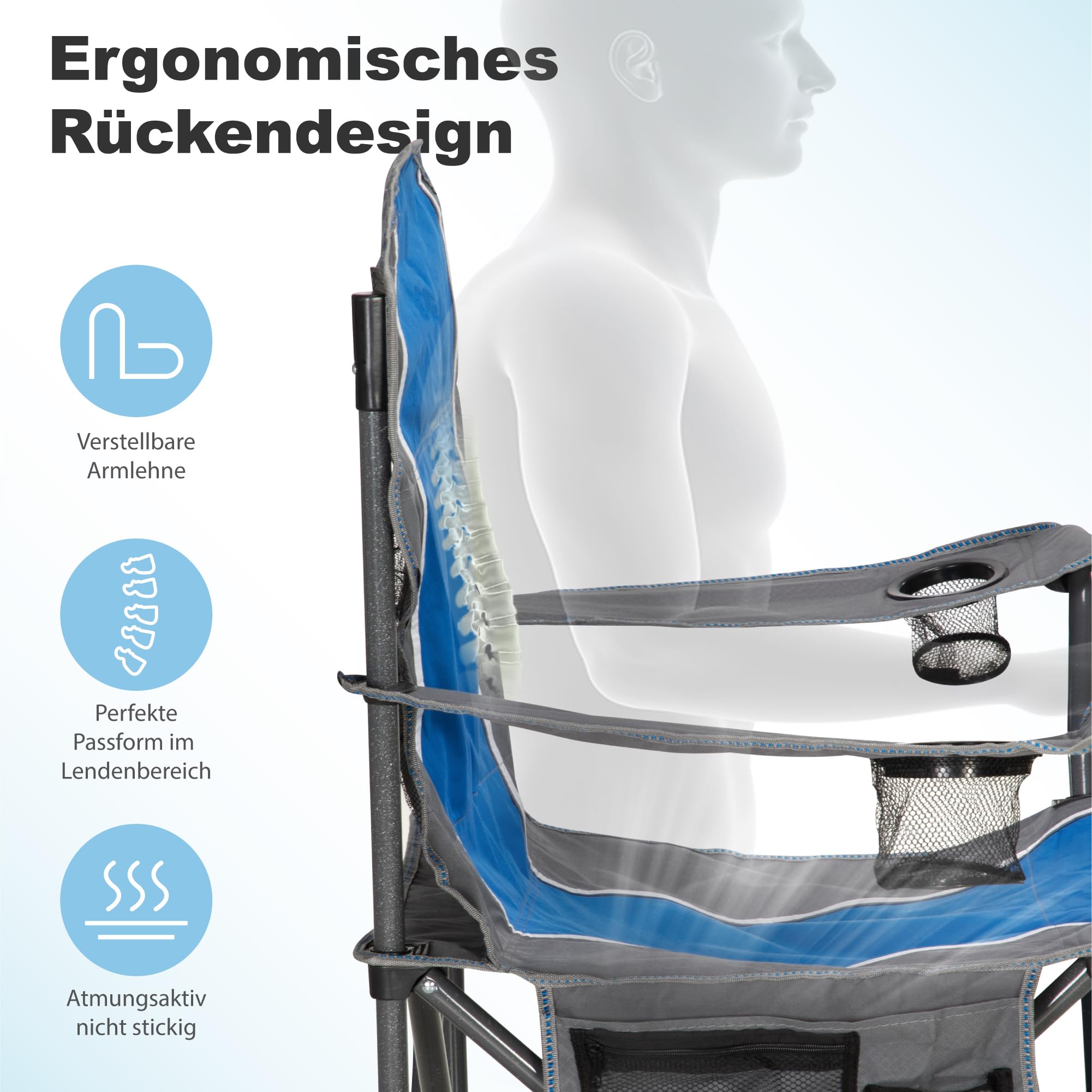 LET'S CAMP Silla plegable para camping, hasta 160 kg | Con soporte para bebidas, bolsa de transporte XL, silla plegable, color azul