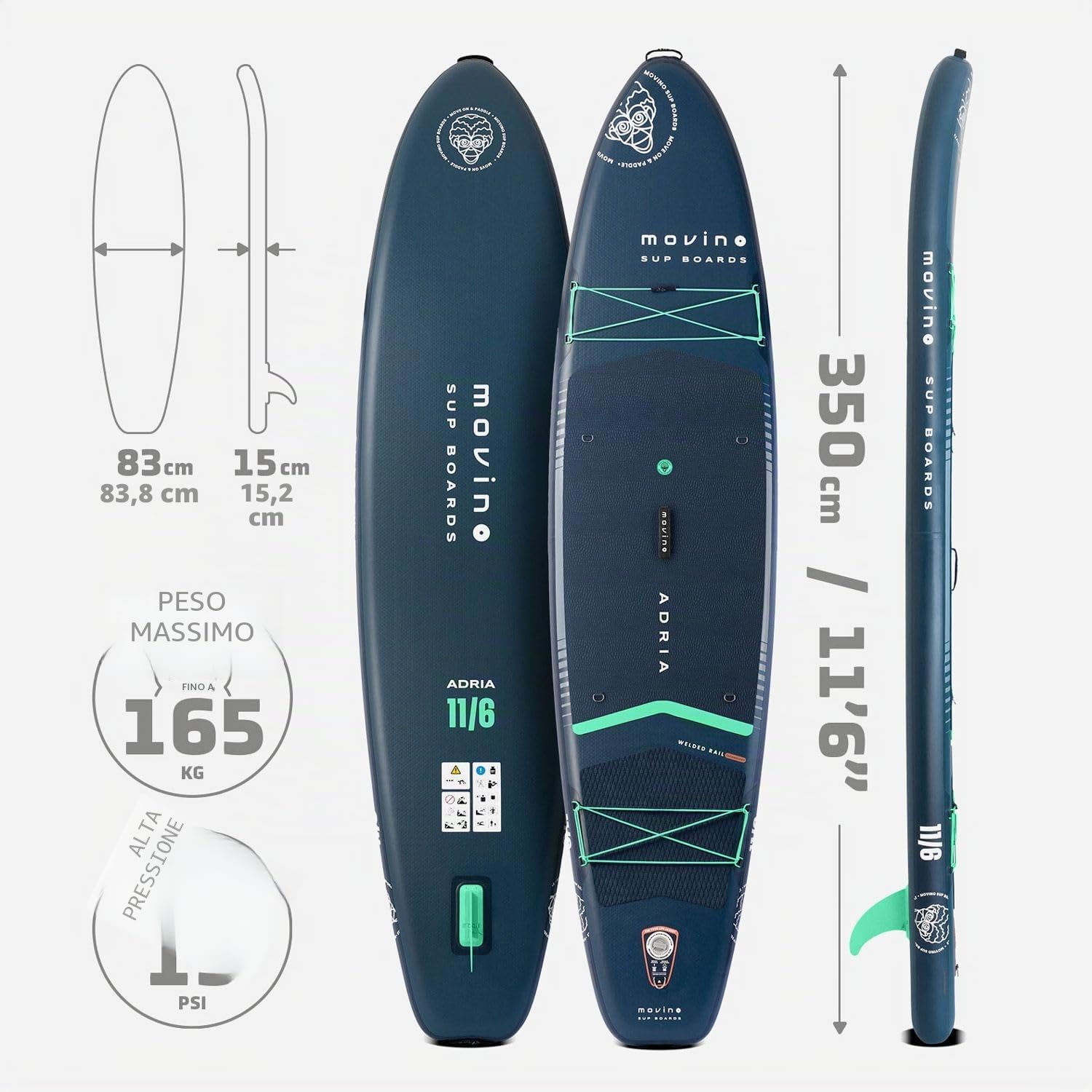 Movino Tavola SUP Gonfiabile per Adulti - 2in1 SUP Kayak - fino a 165 kg - con Pagaia - 350 x 83 x 15 cm - Stand Up Paddleboard Adria