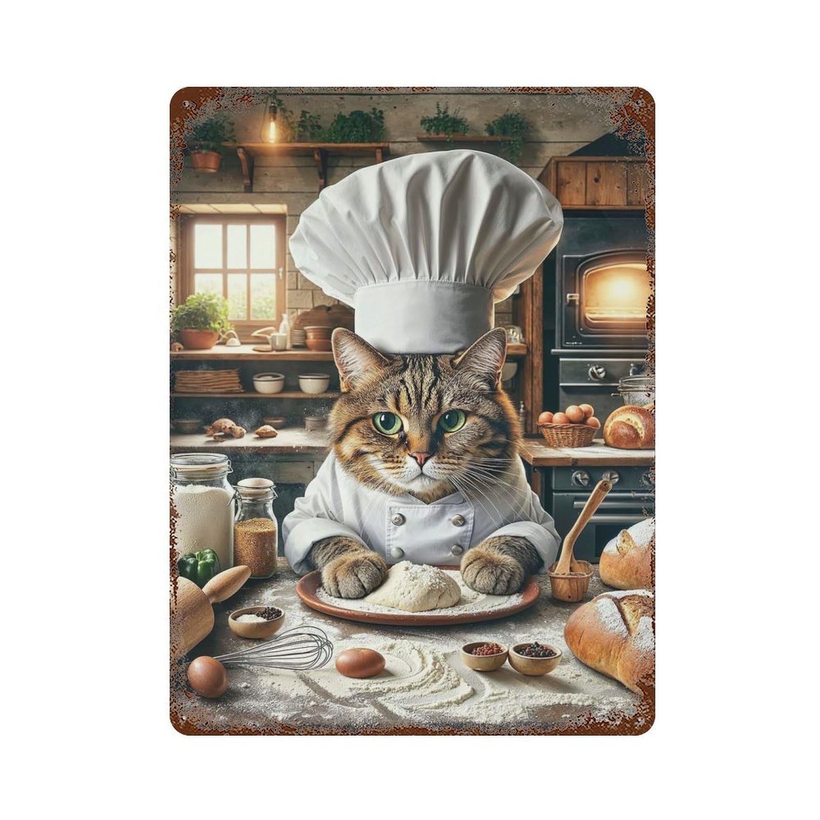 Chef Cat Bakes Bread Weathered Tin Sign 15.7"x11.8", Shabby Chic Decor for Garage, Pub Or Kitchen