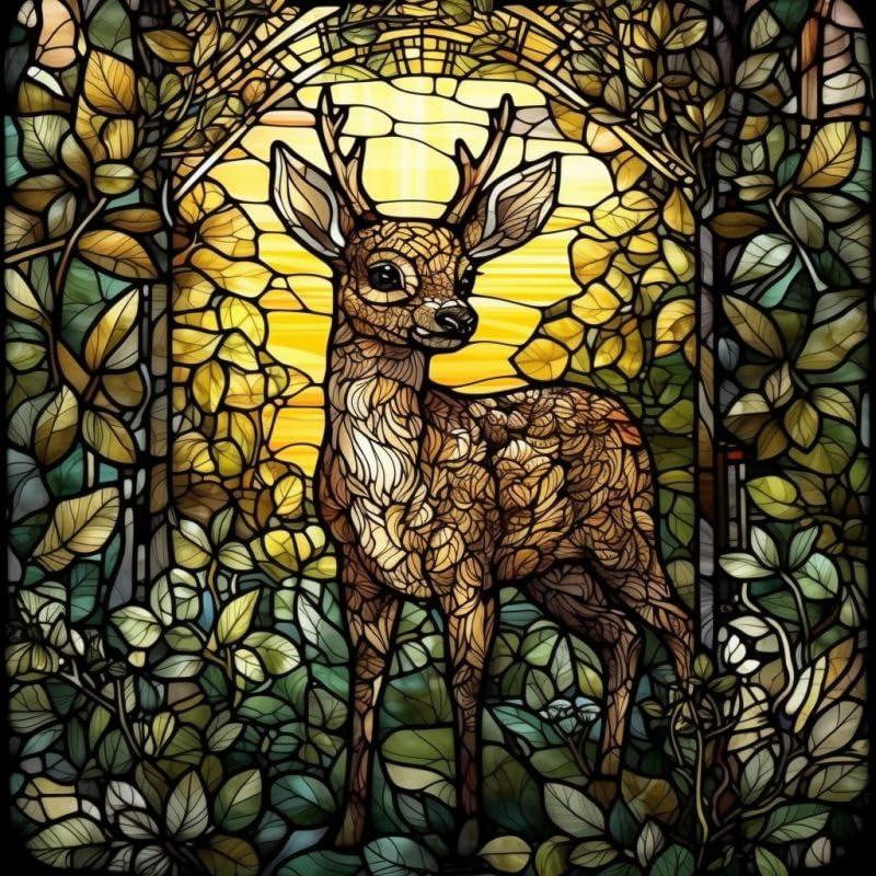 DIY Diamond of Painting by Numbers Sunset & Deer Full Round Drill Diamond Beads Cross Stitch Mosaic Crystal Rhinestone Arts and Craft Mosaic Art Paints for Home Wall Decor 45x45cm(SE18)