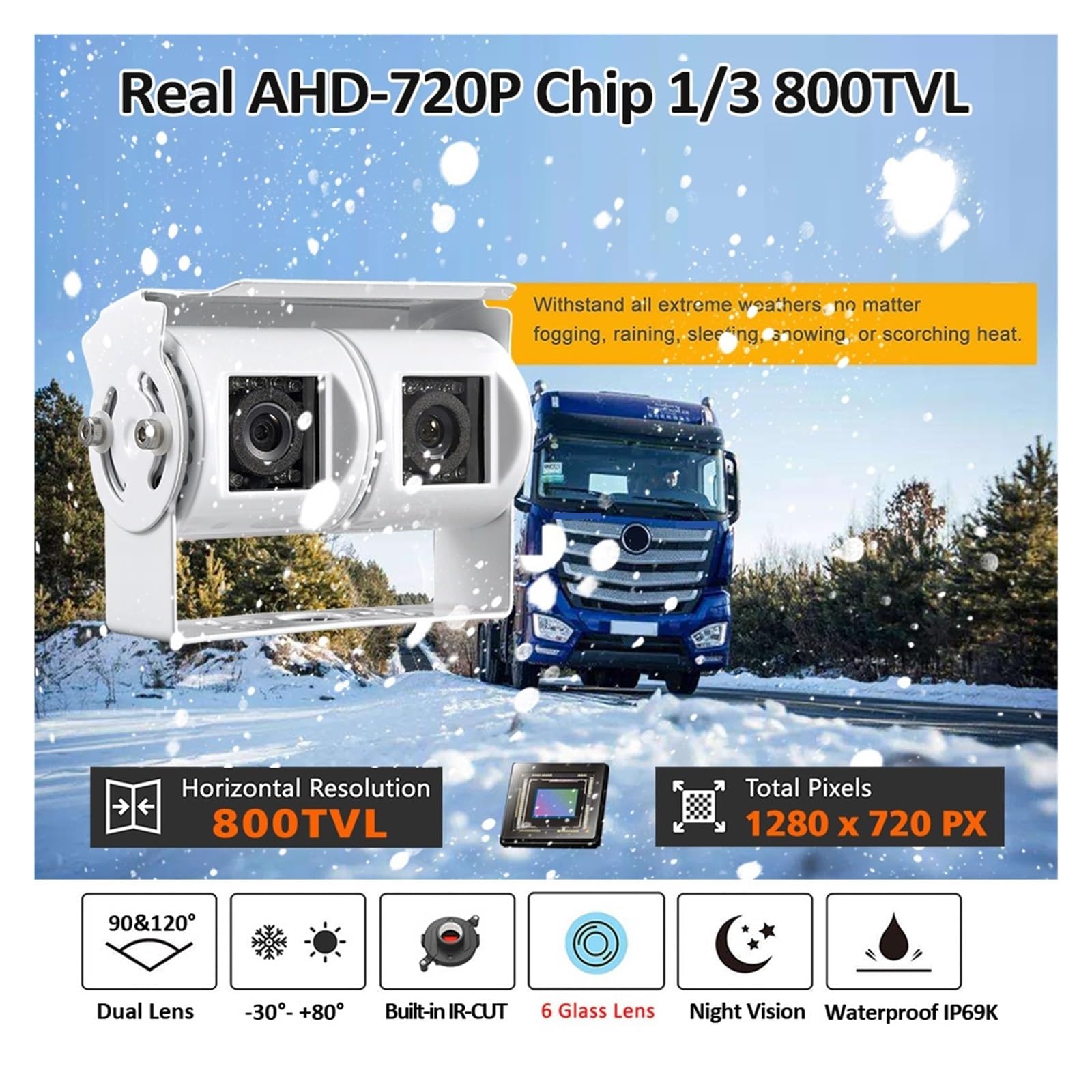 7-calowy Monitor Samochodowy Z Ekranem IPS AHD 720P, Biały, Podwójny Obiektyw, Zestaw Kamery Cofania Dwoma Obiektywami WyraźNy Obraz(Dual Camera Kit -10M)