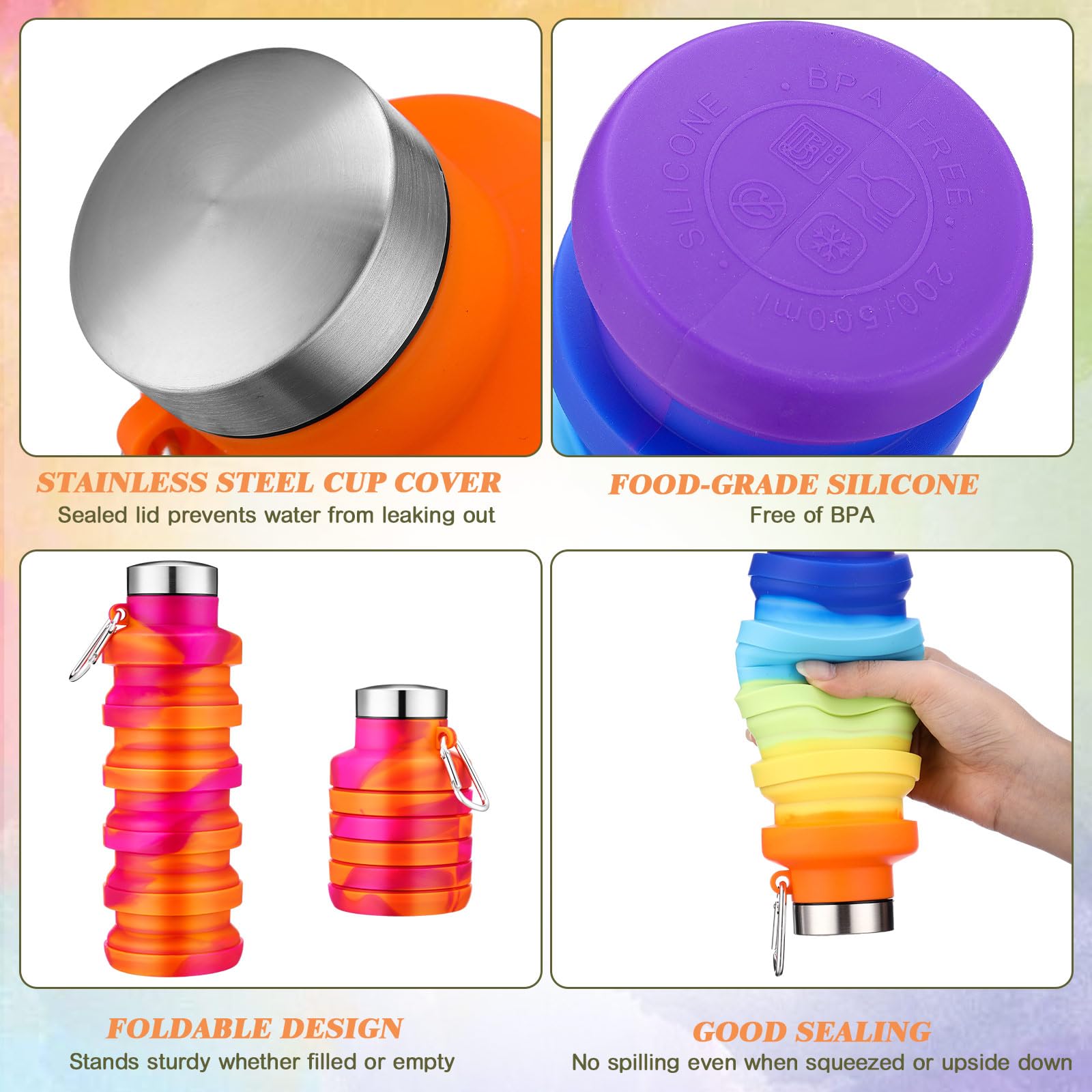 Sunnyray Faltbare Wasserflaschen, Silikon, tragbar, auslaufsicher, wiederverwendbar, Sportflaschen mit Clip, für Reisen, Wandern, Camping, Outdoor, Batikfärbung, 20 Stück