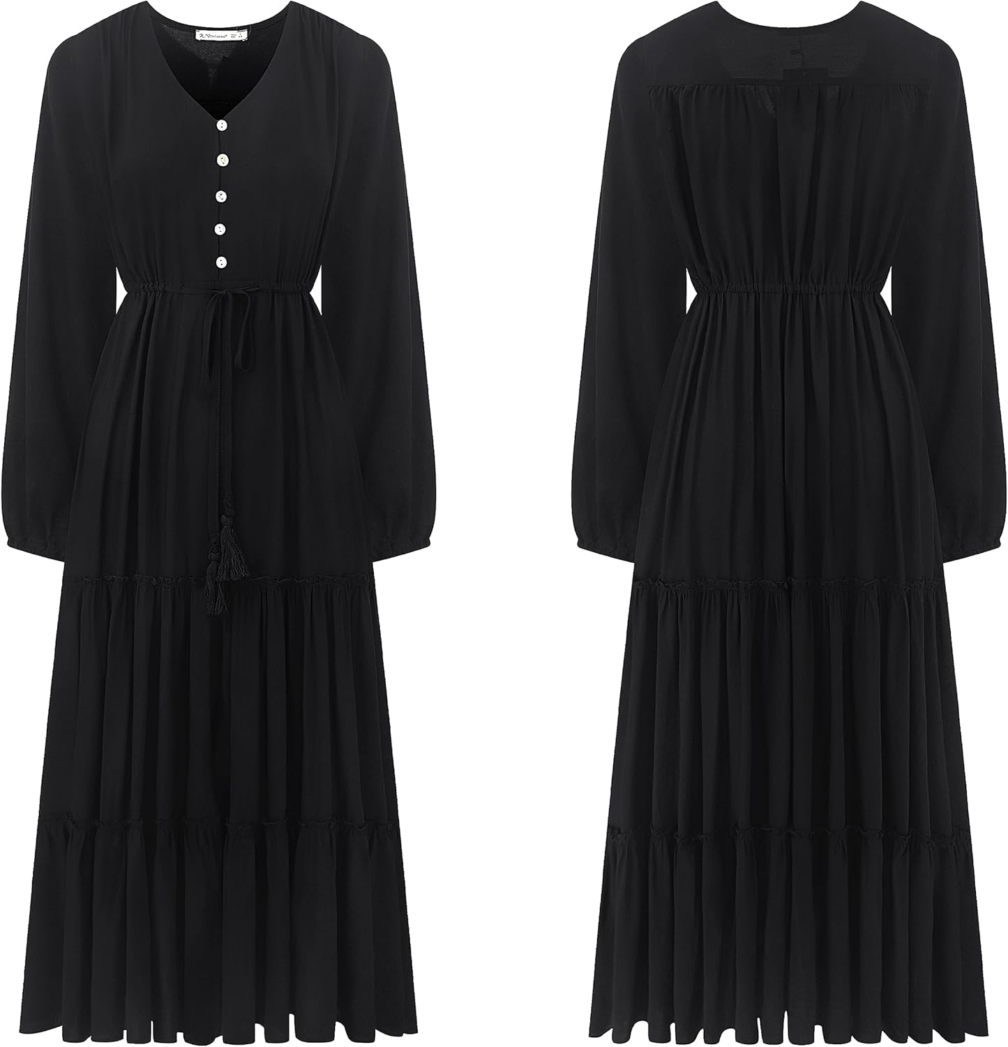 R.Vivimos Maxi Dress for Women Long Sleeve V Neck Drawstring Button Up Casual Split Flowy Dress - Image 6
