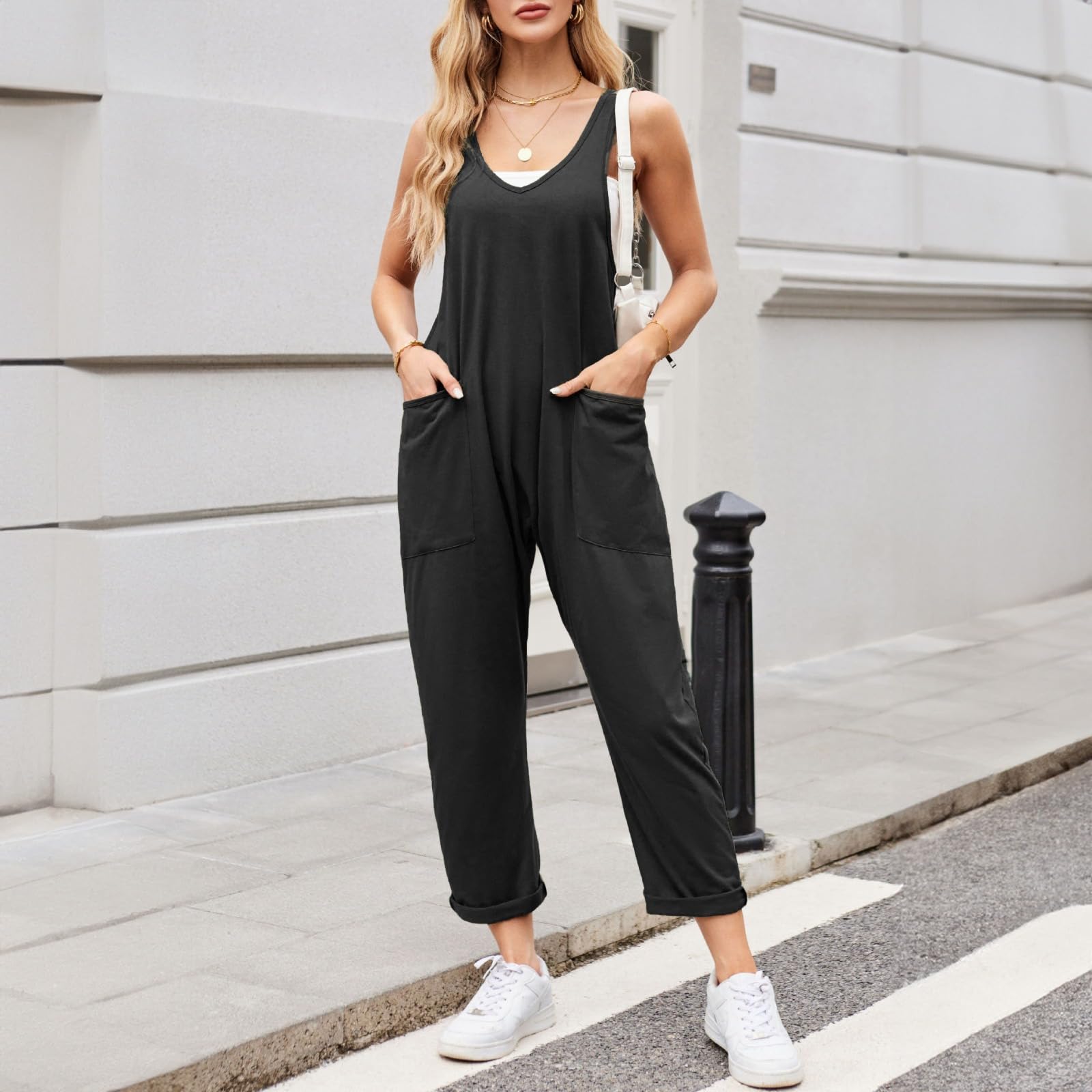 Litthing Salopette Femme Ample Combinaisons sans Manches avec Poches Lâches Salopette de Travail Femme Larges Bretelles Décontractée Combishort D'été
