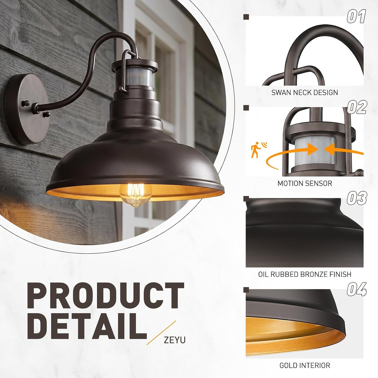 zeyu 11'' Motion Sensor Wall Light, Farmhouse Bronze Porch Light for Garage Patio, Exterior Barn Light, Metal Finish in Oil Rubbed Bronze, 016-1B-SE ORB